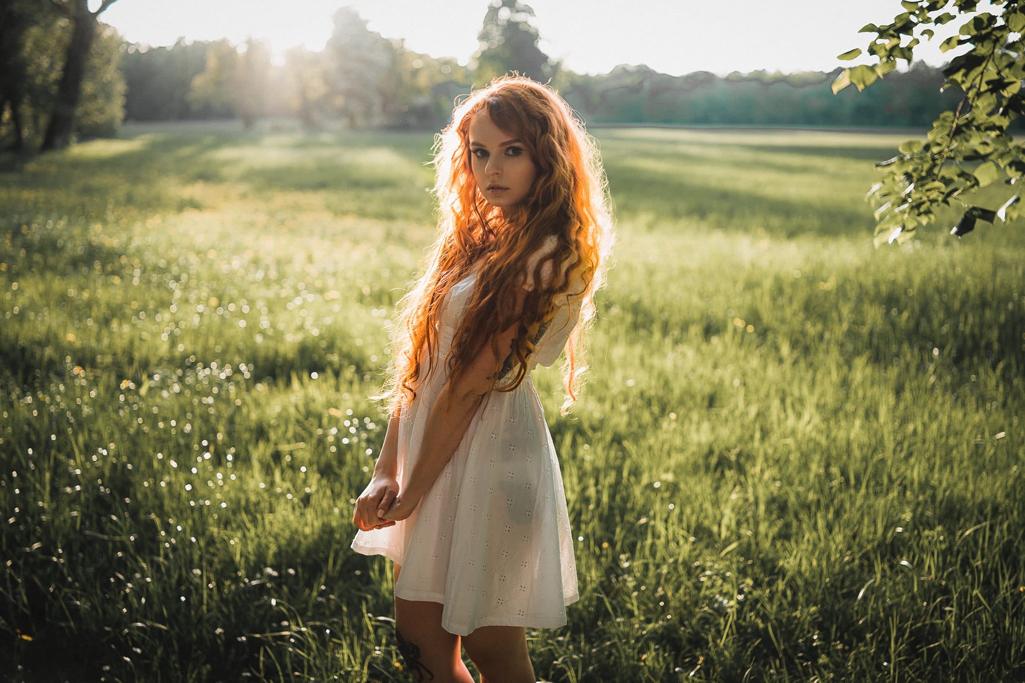 beautiful woman, 1080P, standing, hairstyle, nature, freedom, grass, redhead, one person, fashion, plant, land, field, women, young adult, young women, HD Wallpaper