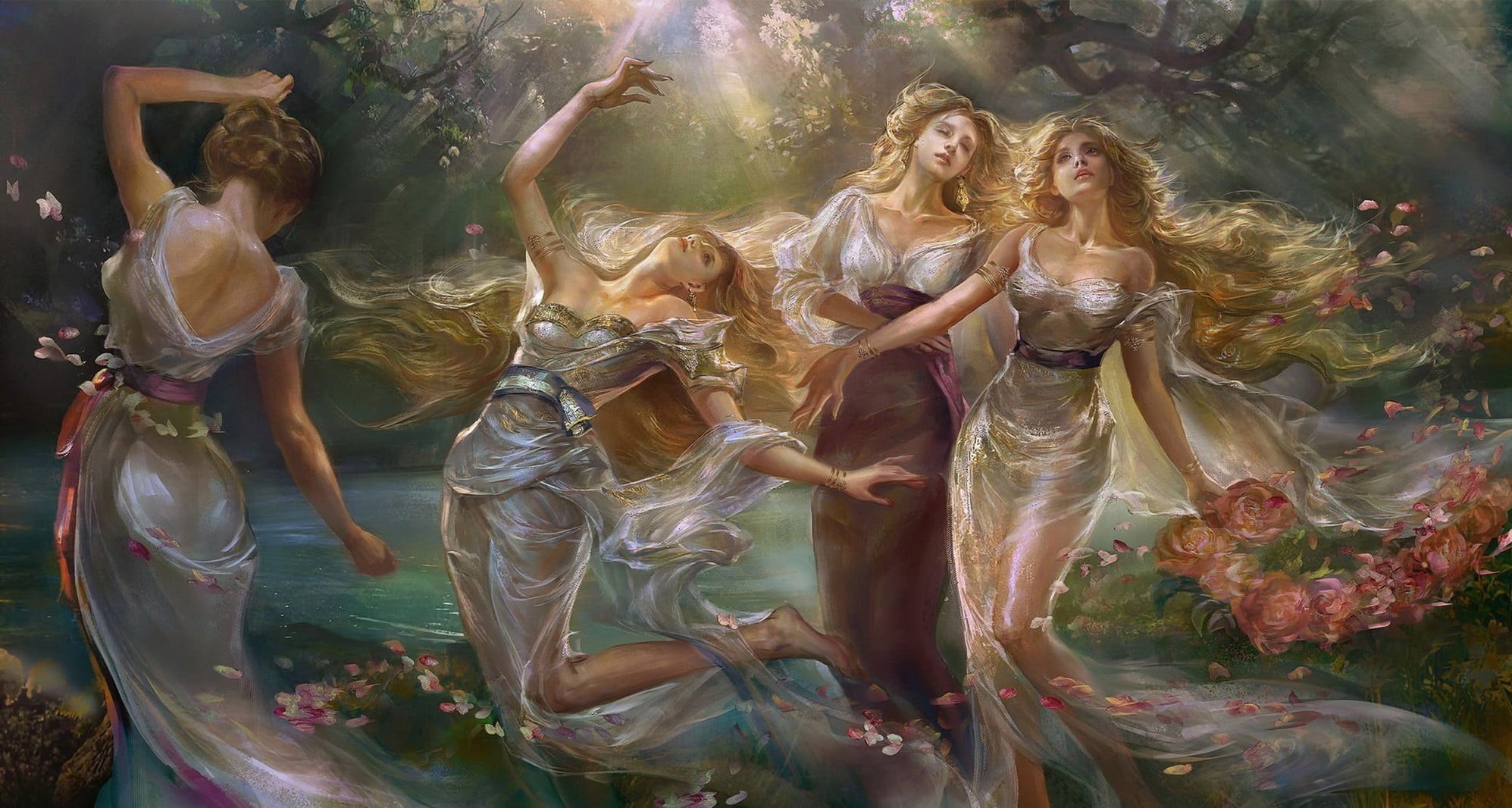 females, flowers, group of people, leisure activity, full length, blonde, young women, people, artwork, fantasy art, beautiful woman, women, real people, HD Wallpaper