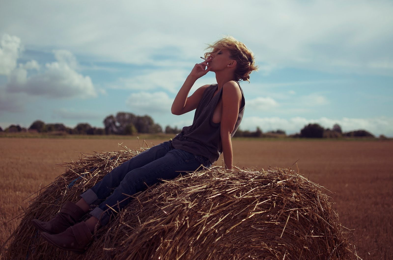 hay, field, cigarettes, pierced nose, haystacks, pierced ear, women, smoking, 720P, women outdoors, HD Wallpaper