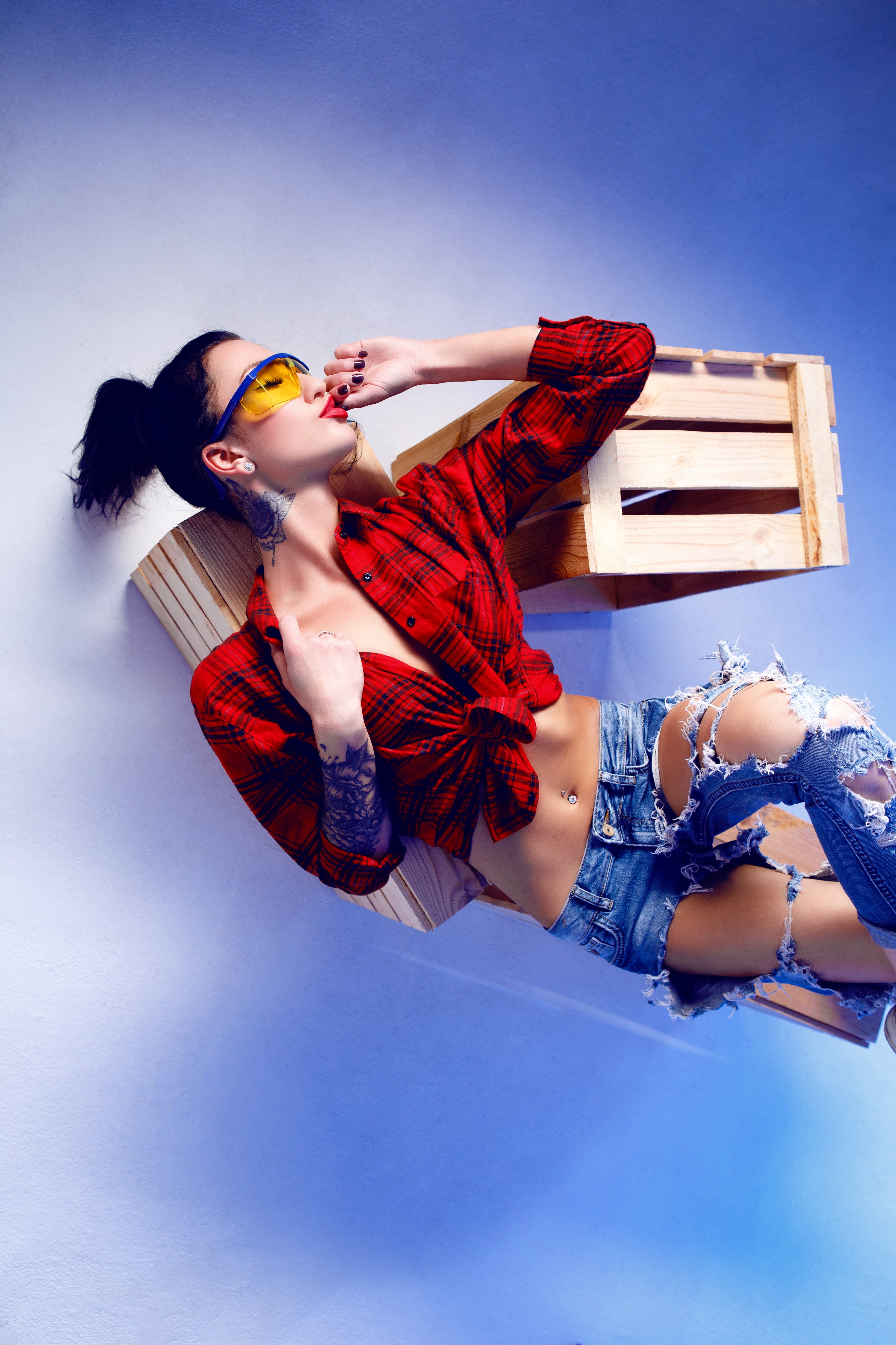 one person, finger on lips, shirt, red, beautiful woman, 5K, adult, hair, painted nails, women, clothing, teenager, earring, hairstyle, long hair, pierced navel, Phone HD Wallpaper