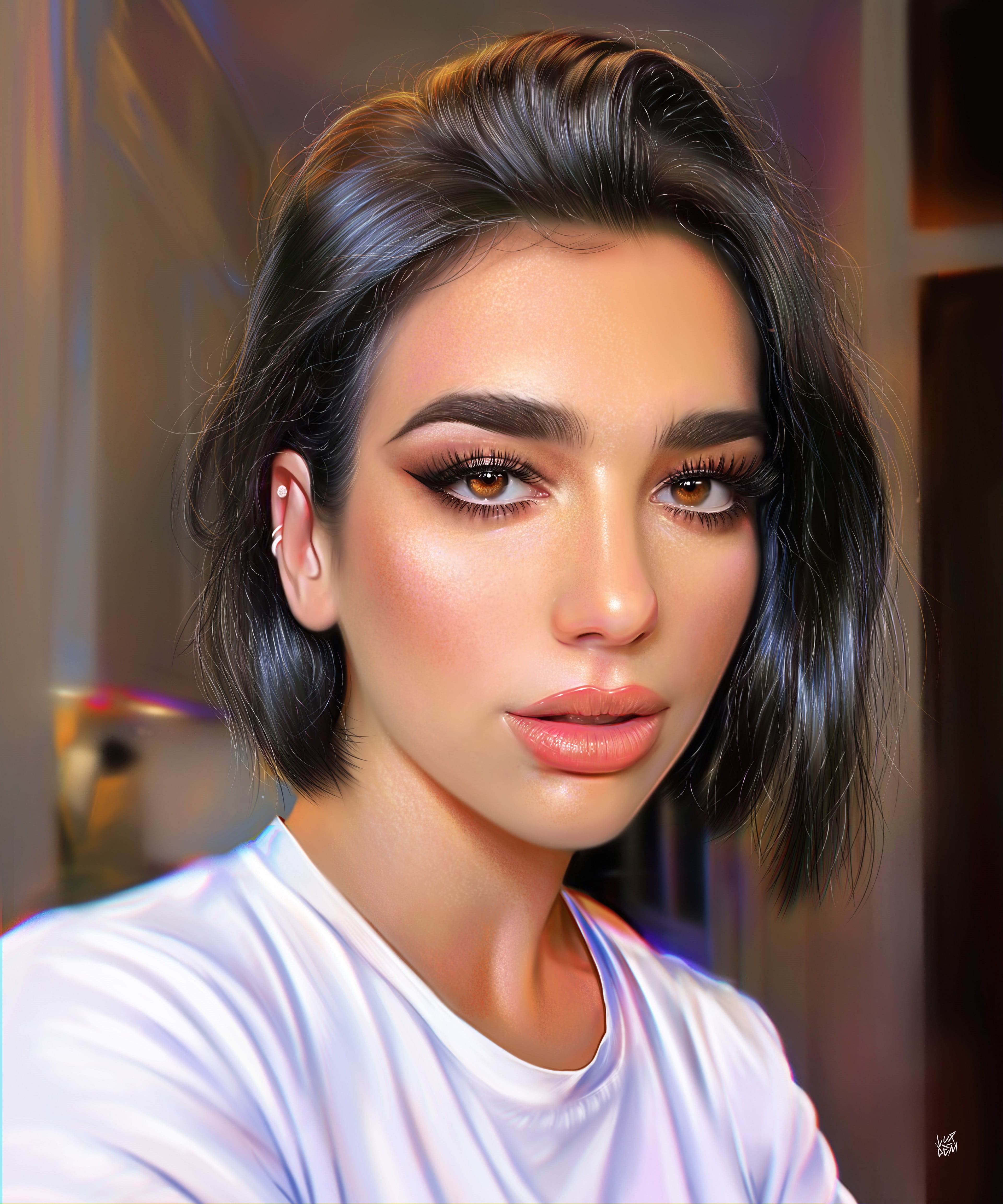 face, ArtStation, 4K, looking at viewer, short hair, artwork, Yaşar Vurdem, pierced ear, Dua Lipa, open mouth, brown eyes, digital painting, digital art, Phone HD Wallpaper