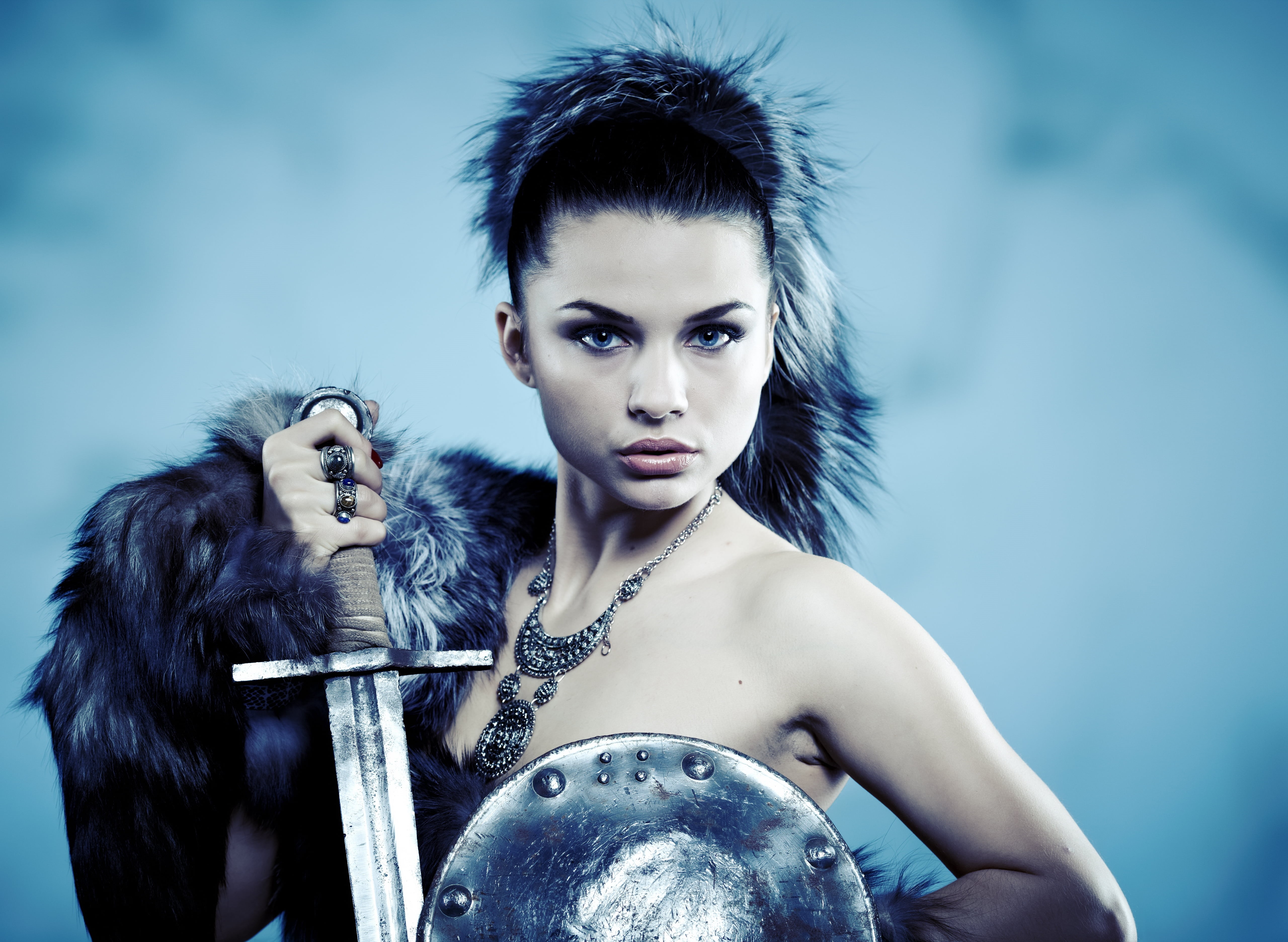 bare shoulders, cosplay, sword, 5K, shield, model, women, dark hair, warrior, makeup, pierced ear, armpits, lipstick, warrior girls, fantasy girl, HD Wallpaper