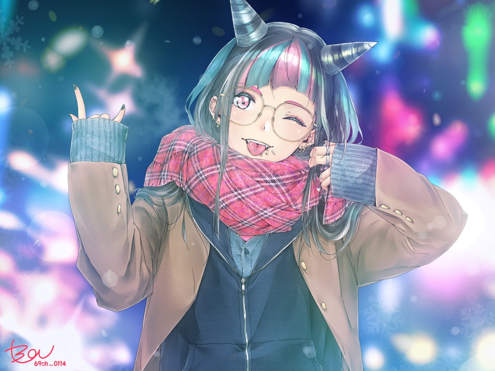 Danganronpa 2, scarf, anime girls, anime, red eyes, 1080P, glasses, Danganronpa, jacket, long hair, snowflakes, earring, piercing, rings, demon horns, HD Wallpaper