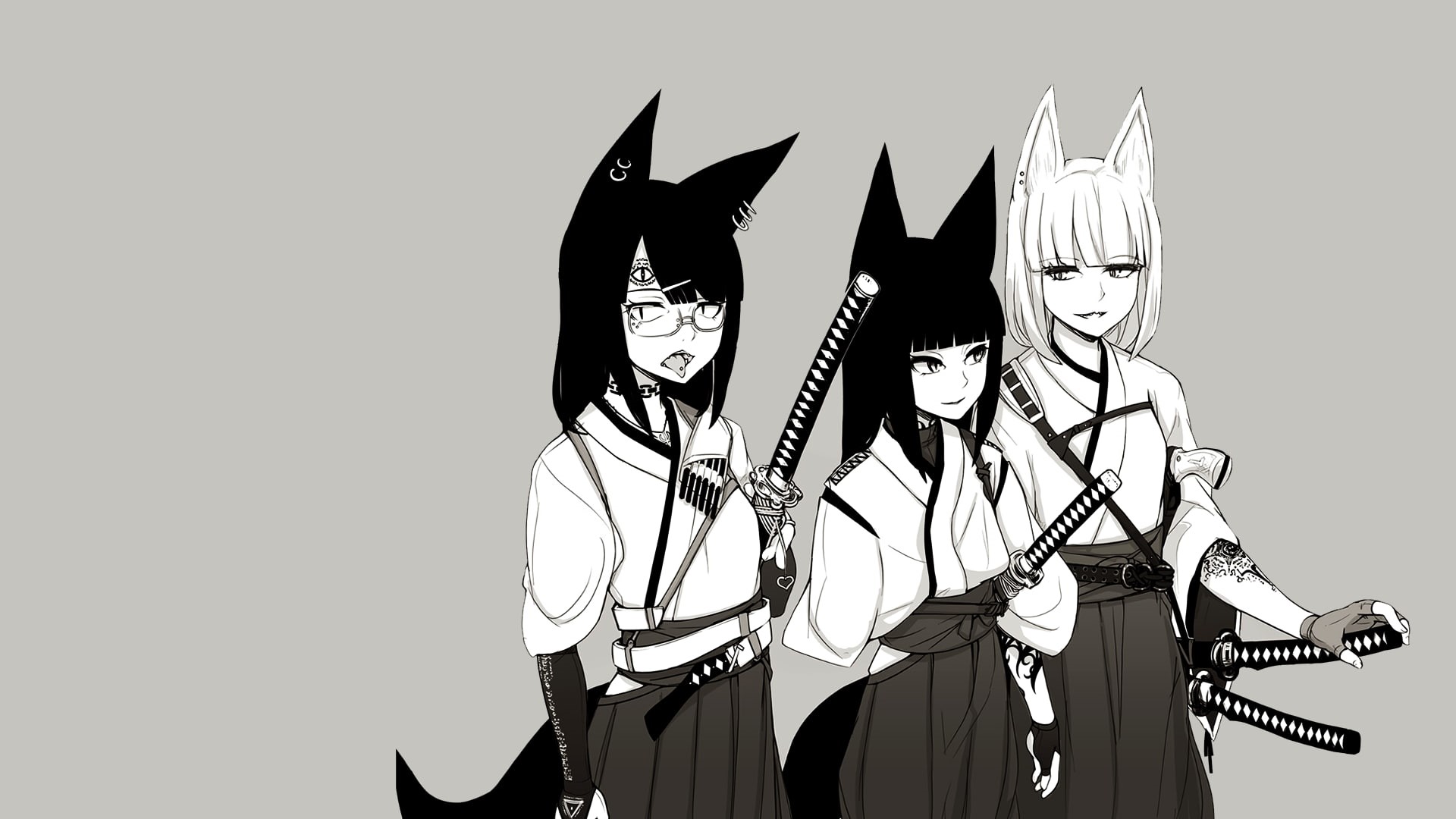 katana, anime girls, symbolism, simple background, pointed ears, piercing, wafuku, 1080P, HD Wallpaper