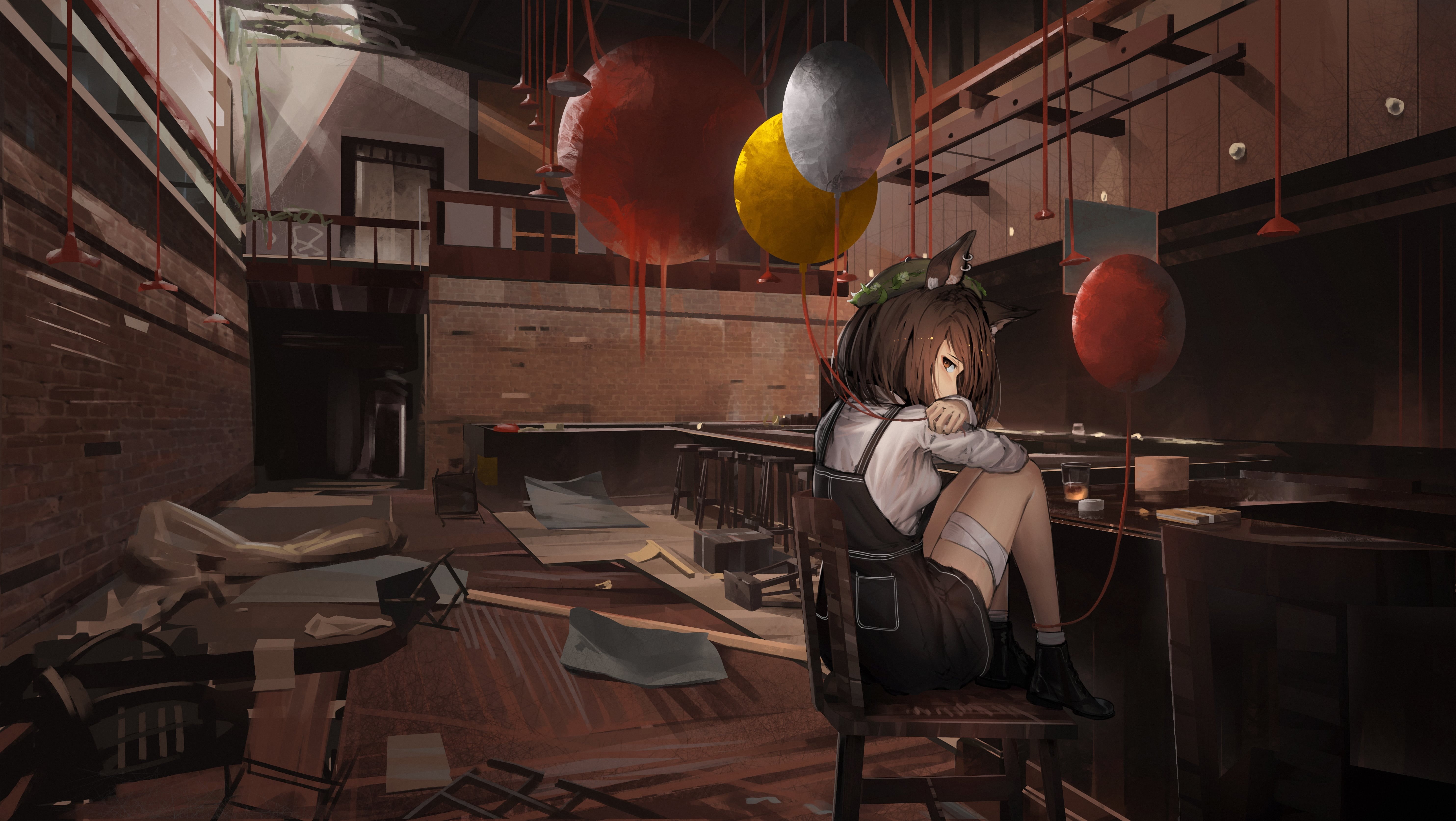sitting, brunette, anime girls, brown eyes, 5K, fox ears, anime, balloon, Party Room, piercing, HD Wallpaper