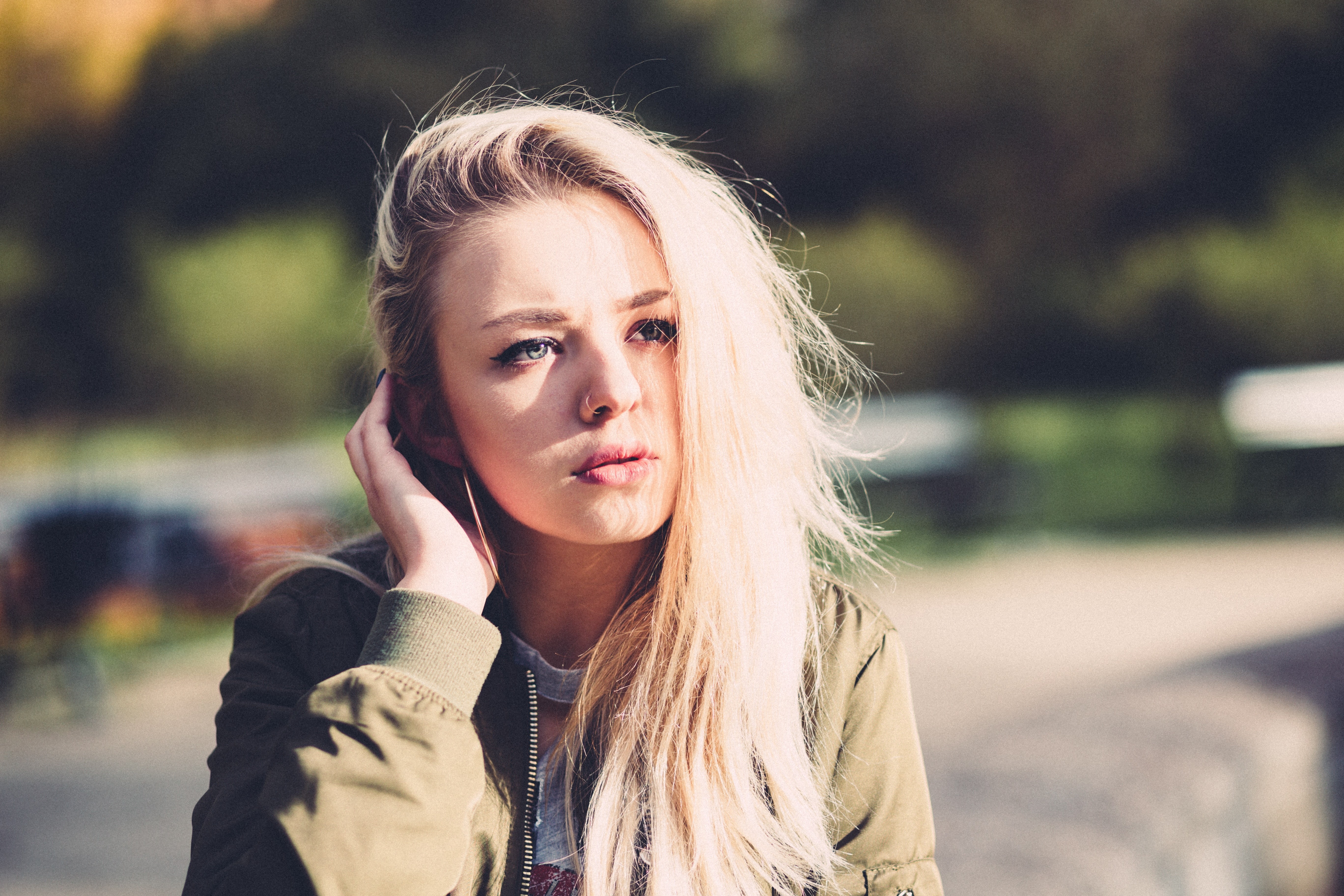 women outdoors, pierced nose, hoop earrings, jacket, model, gray eyes, blonde, 5K, HD Wallpaper