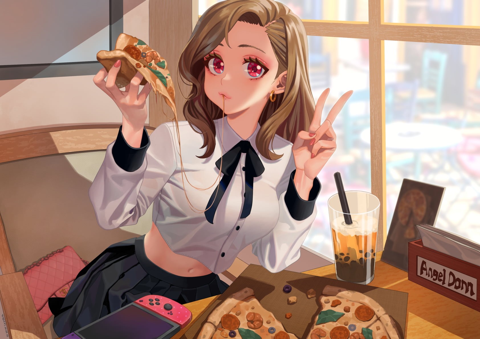 drink, pizza, handbags, ear piercing, 720P, long hair, Nintendo Switch, anime girls, red eyes, brunette, sailor uniform, eating, anime, HD Wallpaper