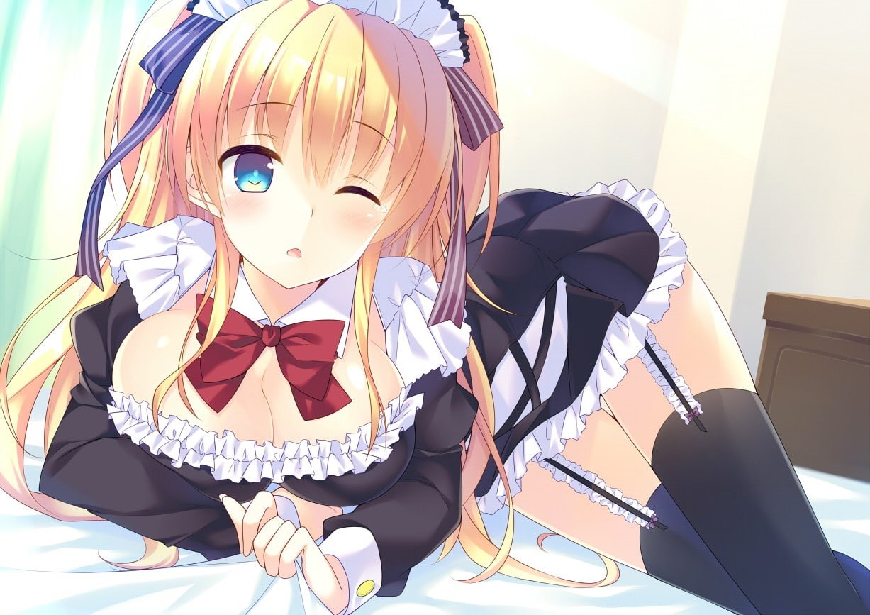 thigh-highs, sunlight, blue eyes, female likeness, representation, maid outfit, indoors, blonde, front view, doll, art and craft, day, no people, anime girls, HD Wallpaper