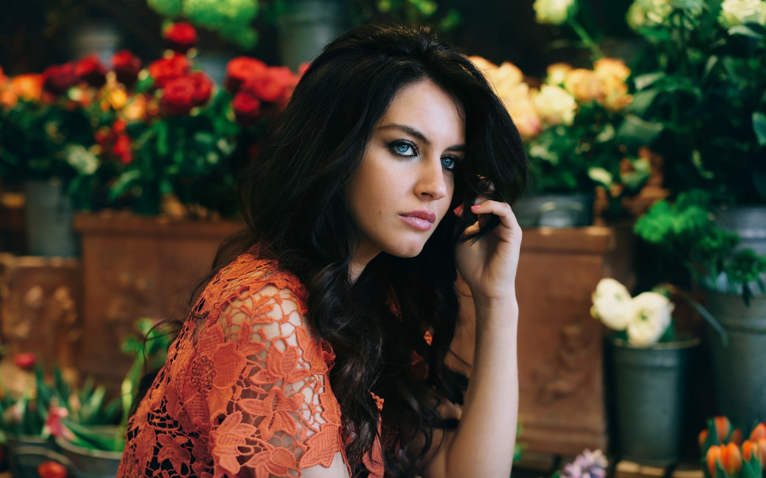 blue eyes, hairstyle, one person, curly hair, lifestyles, hair, flowering plant, orange, shirt, leisure activity, young adult, lace, Aurela Skandaj, women, HD Wallpaper