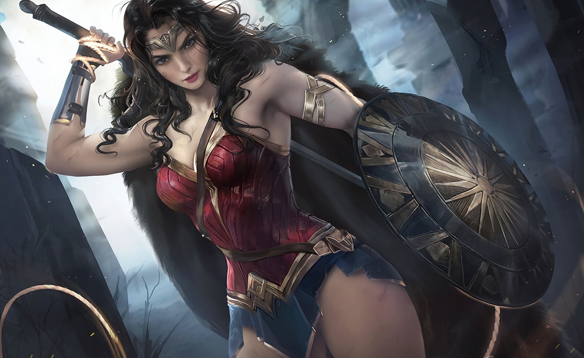 weapon, pretty, real people, blade, casual clothing, indoors, sword, front view, 1080P, Wonder Woman, standing, yuusha, shield, beautiful woman, bishojo, HD Wallpaper