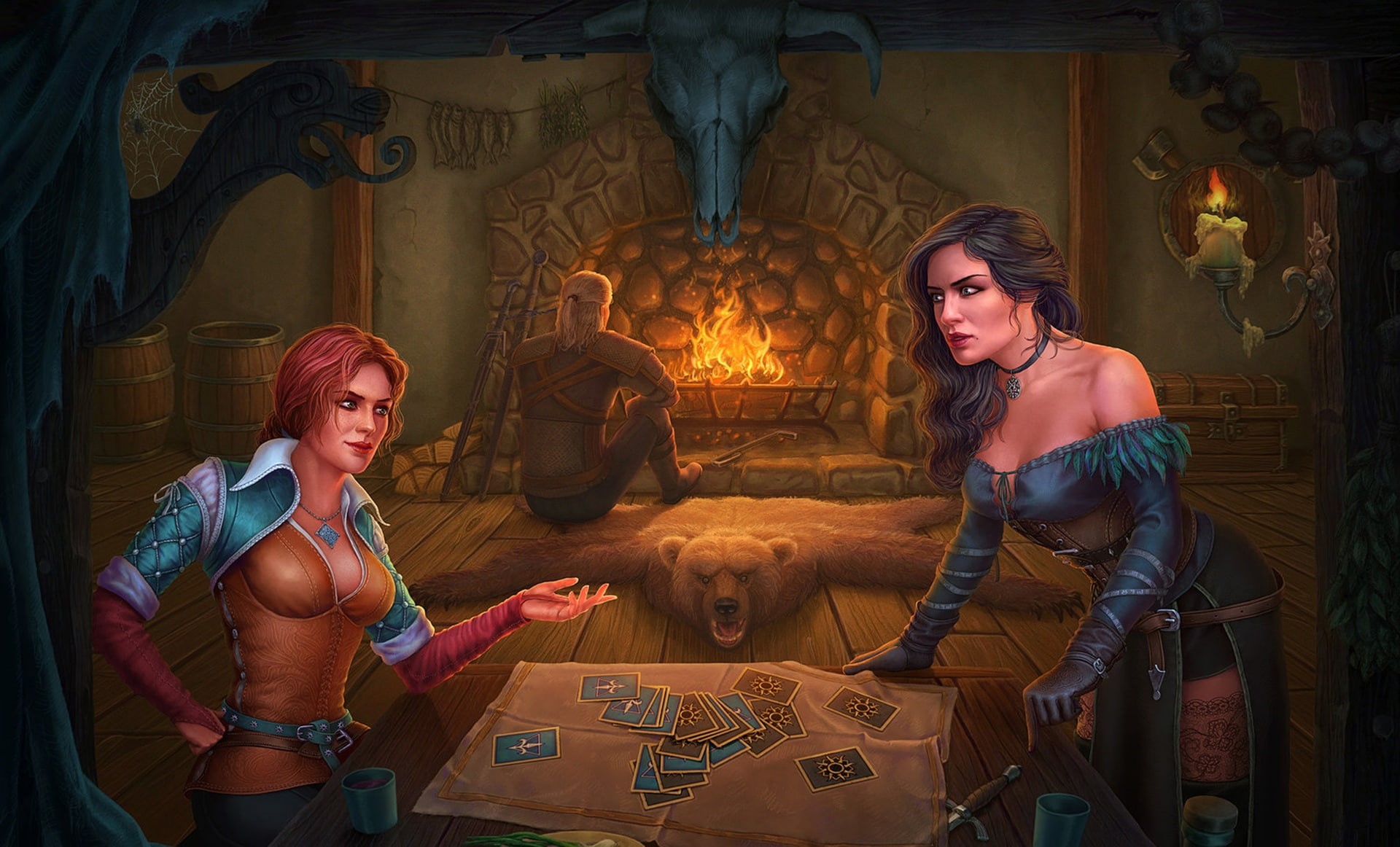 Yennefer of Vengerberg, two women, Yennefer, fireplace, Gwent, video games, Triss Merigold, tavern, Geralt of Rivia, women indoors, 1080P, The Witcher 3: Wild Hunt, HD Wallpaper