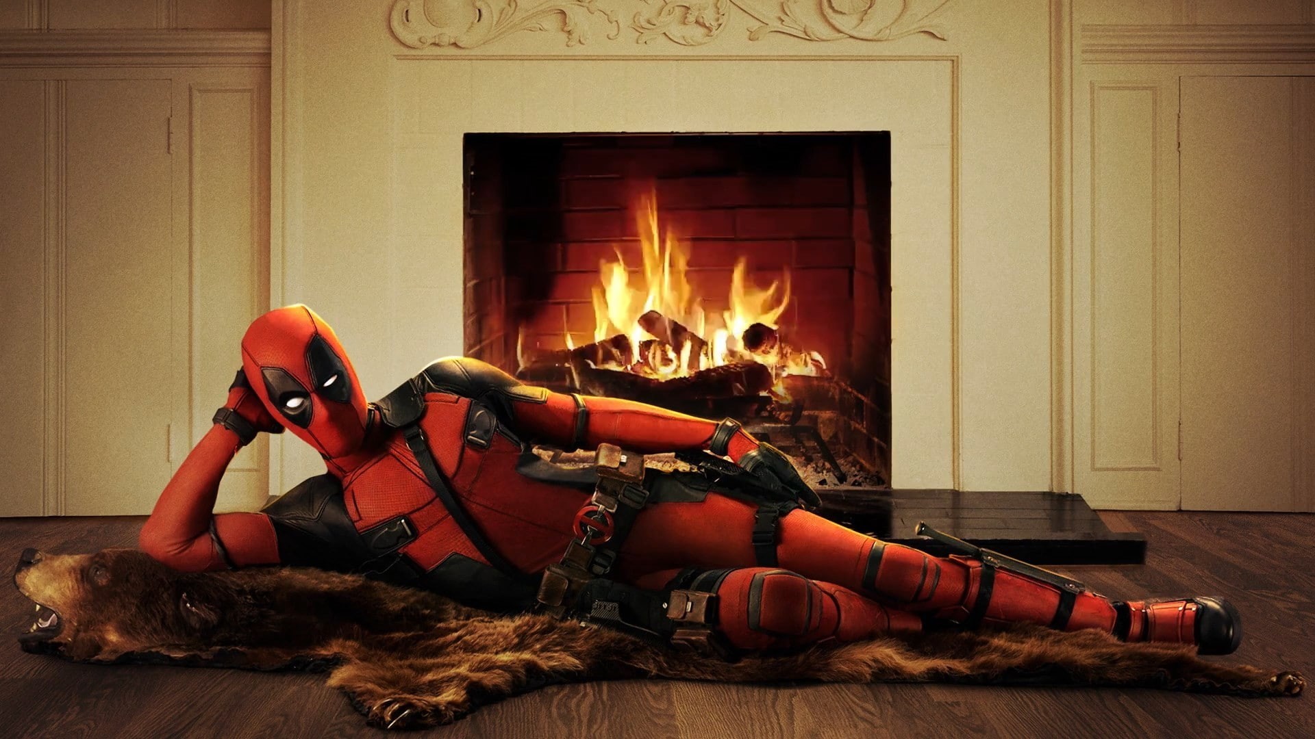 real people, full length, wood, indoors, flame, fireplace, Deadpool, fire - natural phenomenon, one person, 1080P, relaxation, heat - temperature, domestic room, HD Wallpaper
