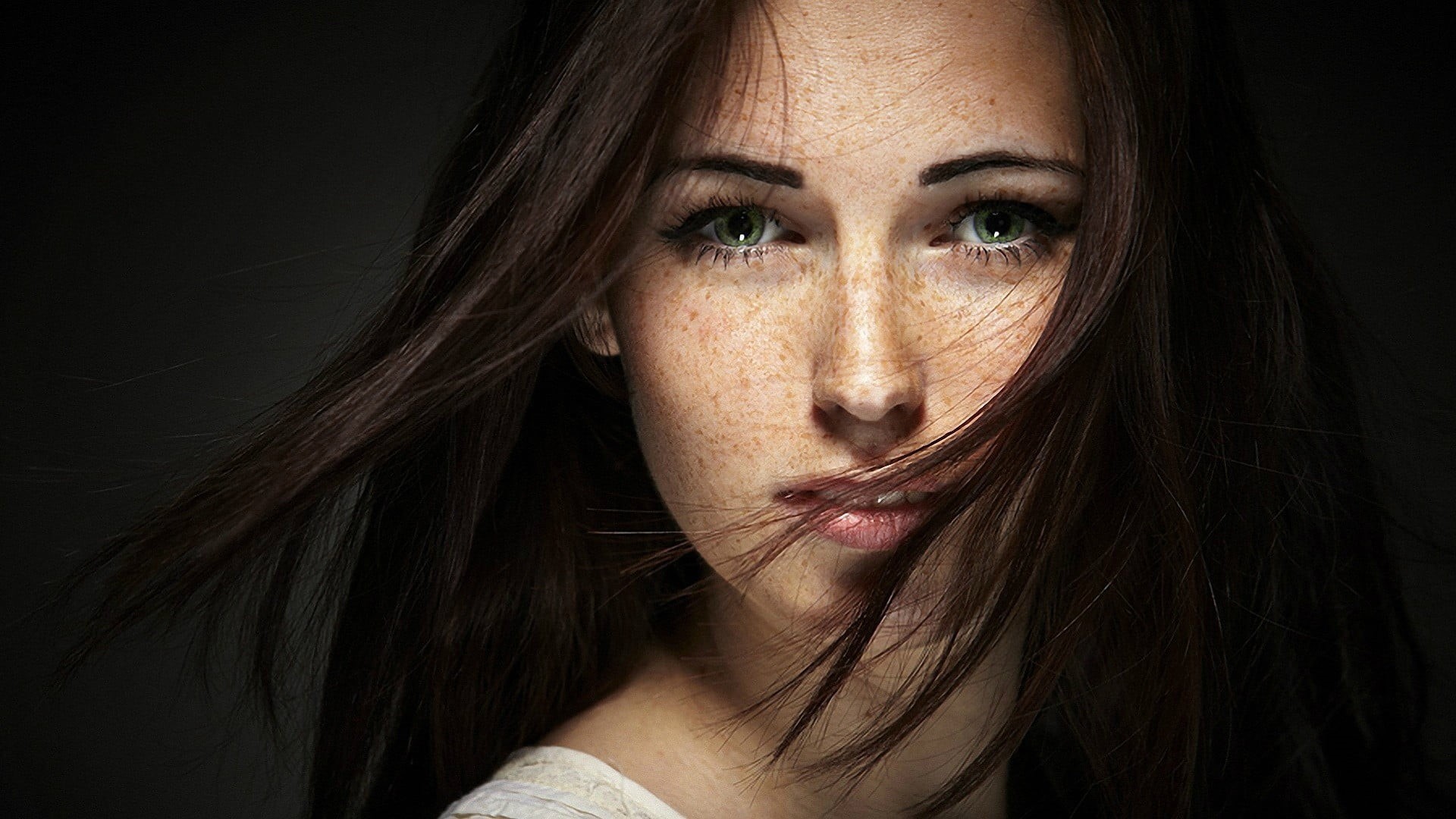 adult, portrait, looking at viewer, brown hair, eyes, hairstyle, contemplation, black background, close-up, young adult, headshot, women, young women, freckles, HD Wallpaper