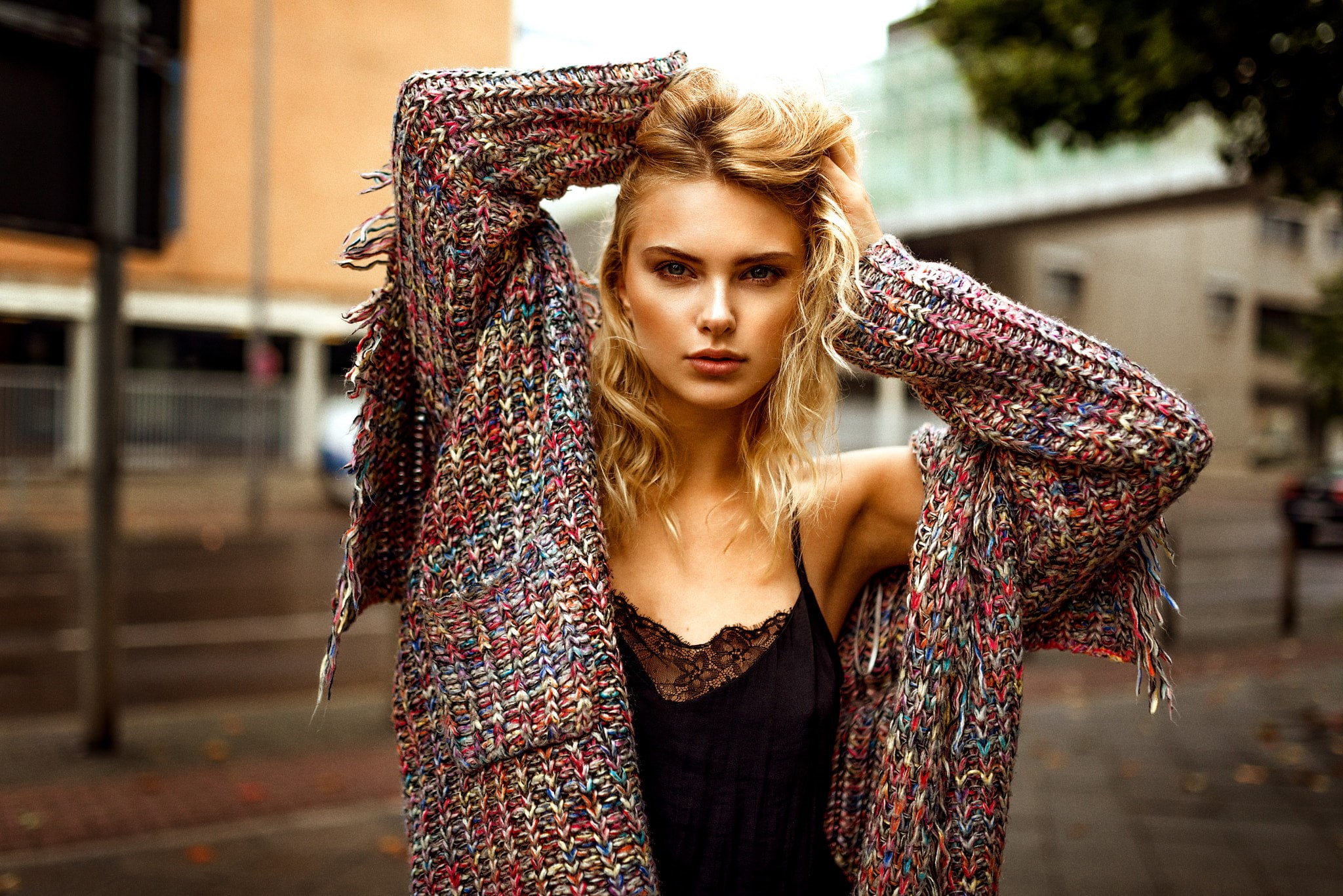 one person, hair, Carla Sonre, depth of field, sweater, women, adult, focus on foreground, teenager, human arm, portrait, clothing, architecture, young women, HD Wallpaper