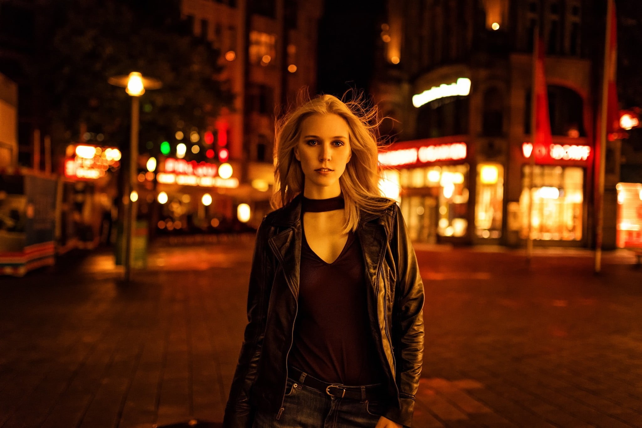 1080P, beauty, night, waist up, illuminated, young adult, portrait, Miro Hofmann, one person, lifestyles, front view, women, casual clothing, leisure activity, HD Wallpaper