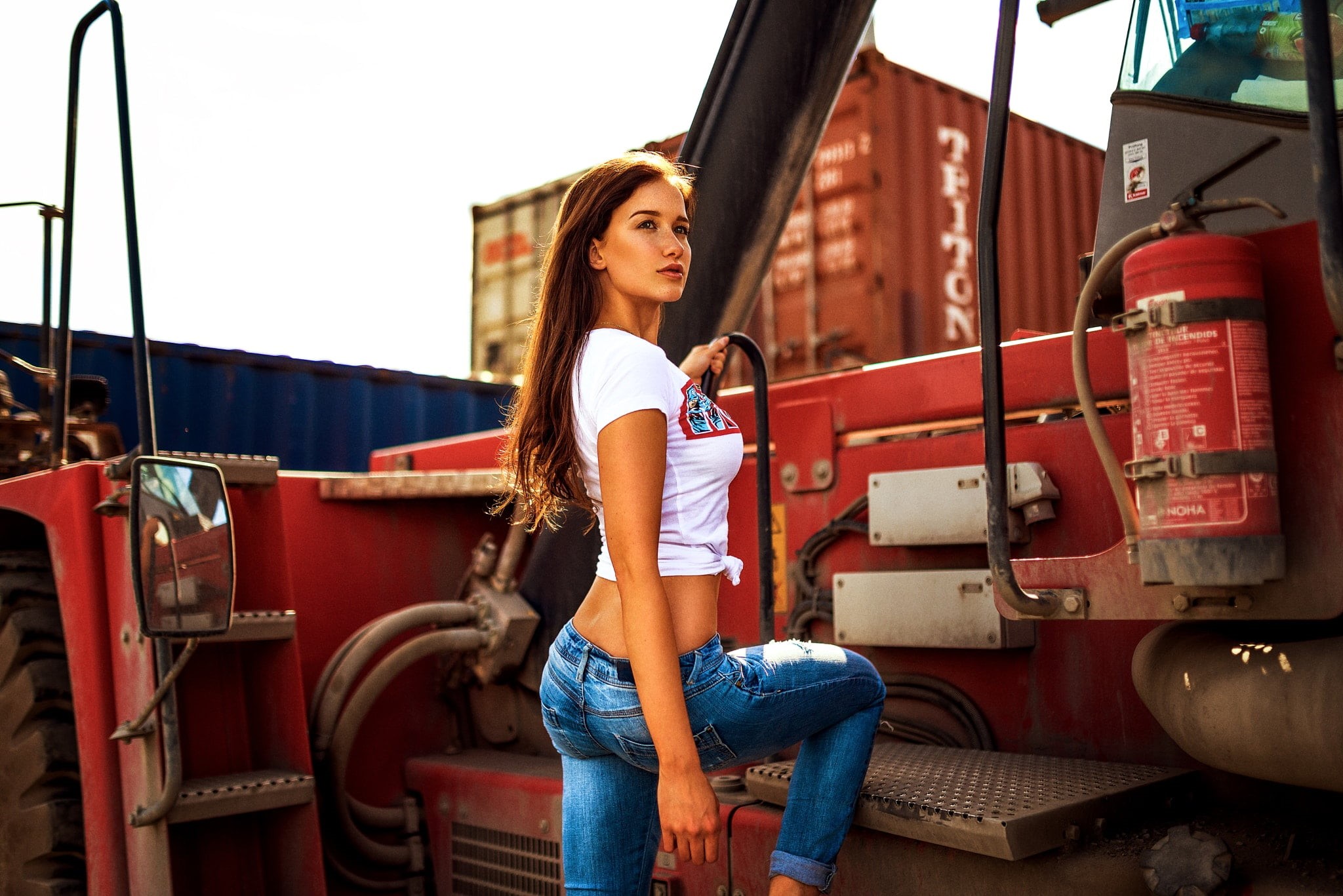 indoors, vehicle, beautiful woman, Miro Hofmann, full length, hairstyle, standing, young women, real people, women, adult, young adult, 1080P, long hair, HD Wallpaper