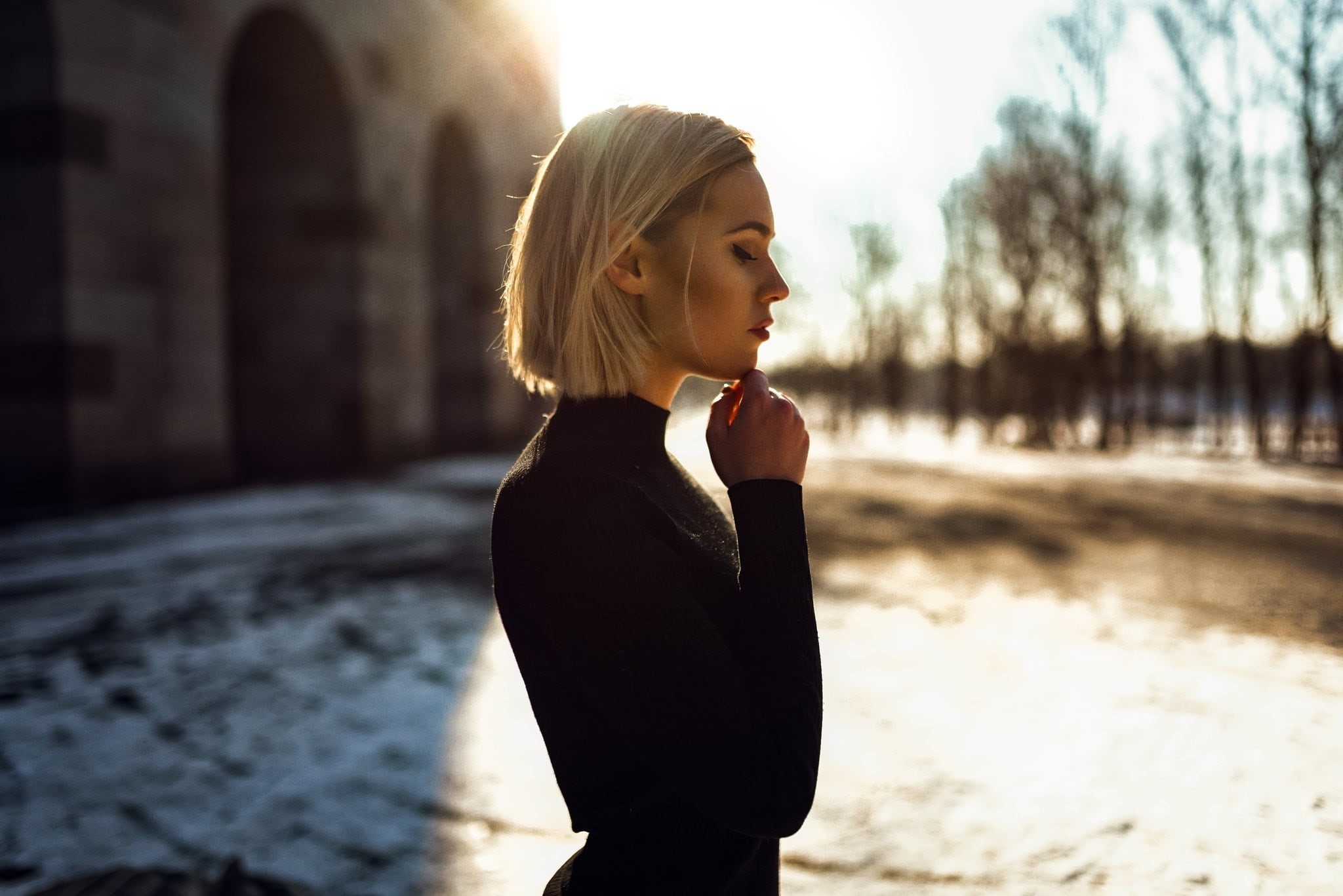 nature, blond hair, contemplation, standing, depth of field, Miro Hofmann, women, portrait, looking, outdoors, beautiful woman, young women, women outdoors, HD Wallpaper