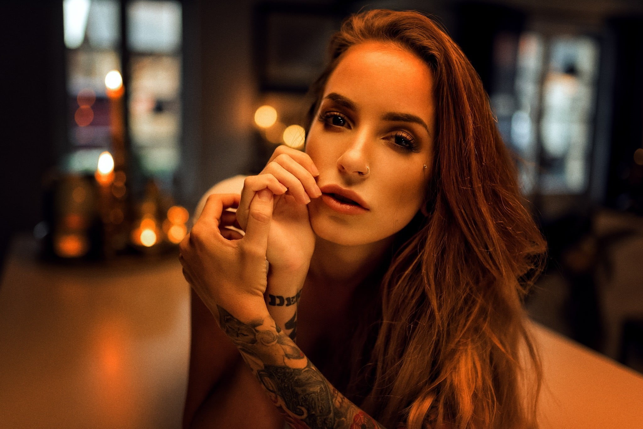 tattoo, night, depth of field, long hair, headshot, hair, beauty, women, Miro Hofmann, indoors, one person, nose rings, nightlife, focus on foreground, HD Wallpaper