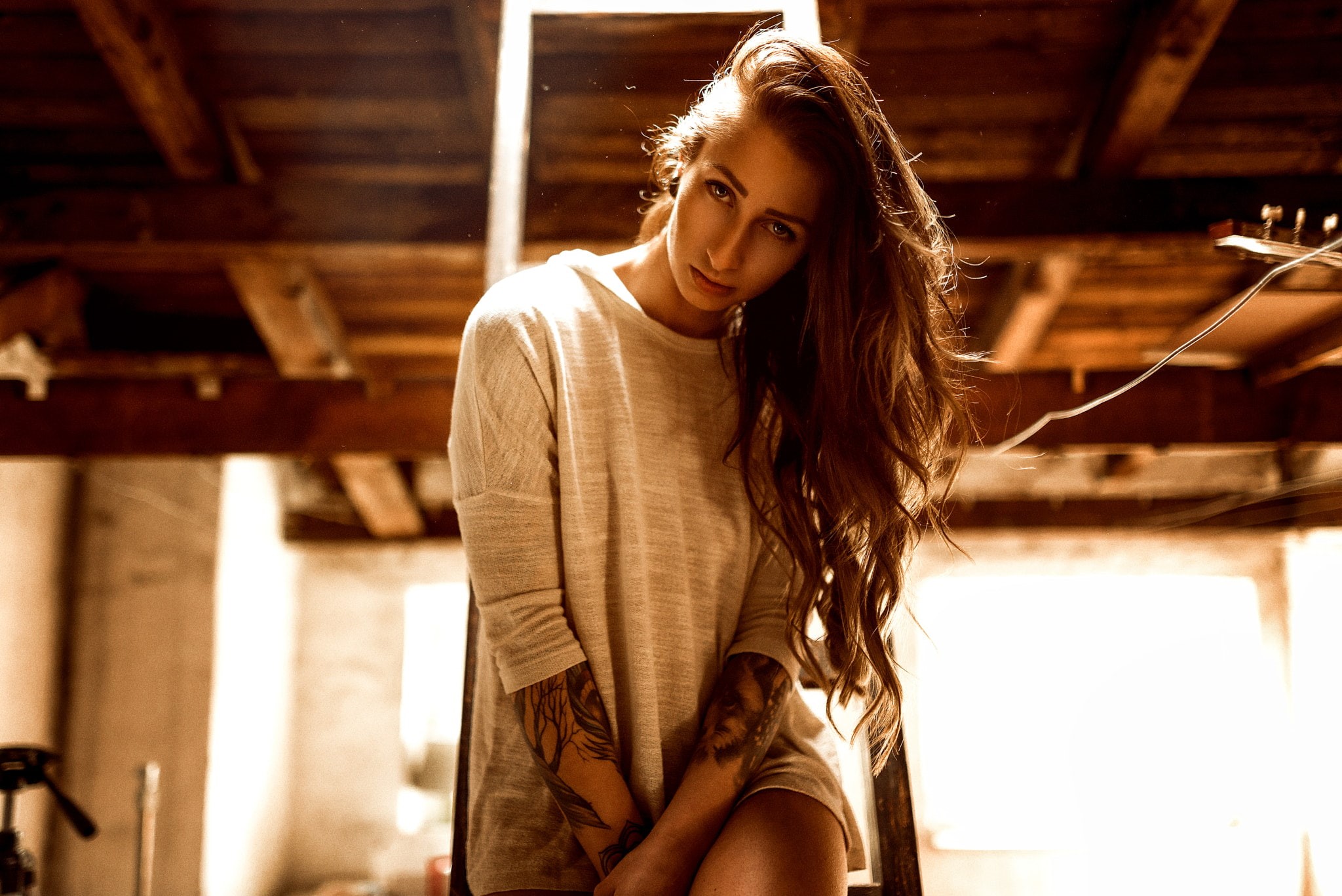 front view, contemplation, tattoo, Miro Hofmann, hair, lifestyles, beauty, leisure activity, women, looking at camera, real people, young adult, long hair, HD Wallpaper