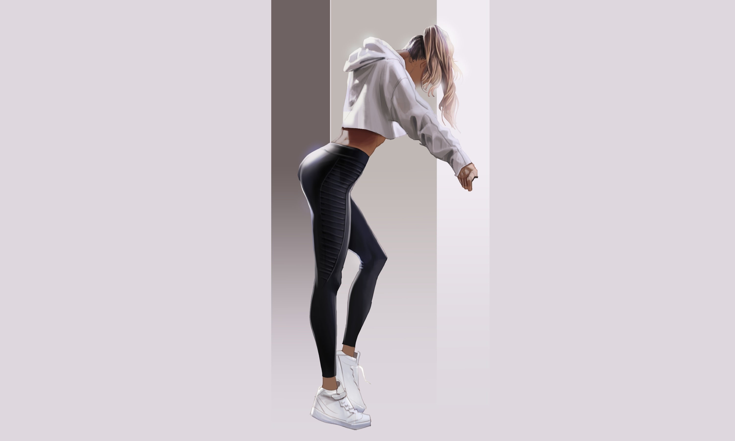 arched back, sports clothing, white background, full length, artwork, lifestyles, women, copy space, indoors, clothing, casual clothing, hairstyle, standing, HD Wallpaper