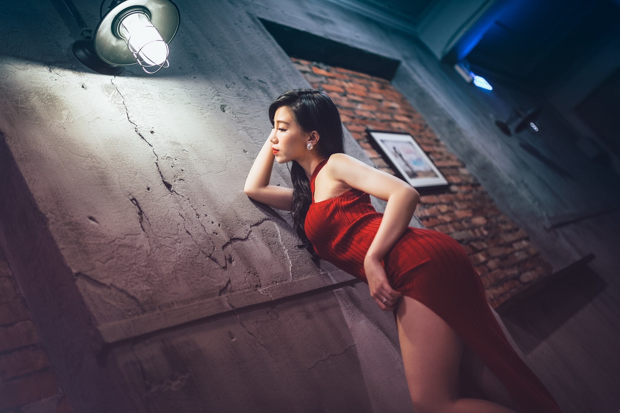 indoors, model, young adult, wall, beauty, beautiful woman, black hair, full length, dress, casual clothing, earring, Asian, women, hairstyle, red dress, HD Wallpaper