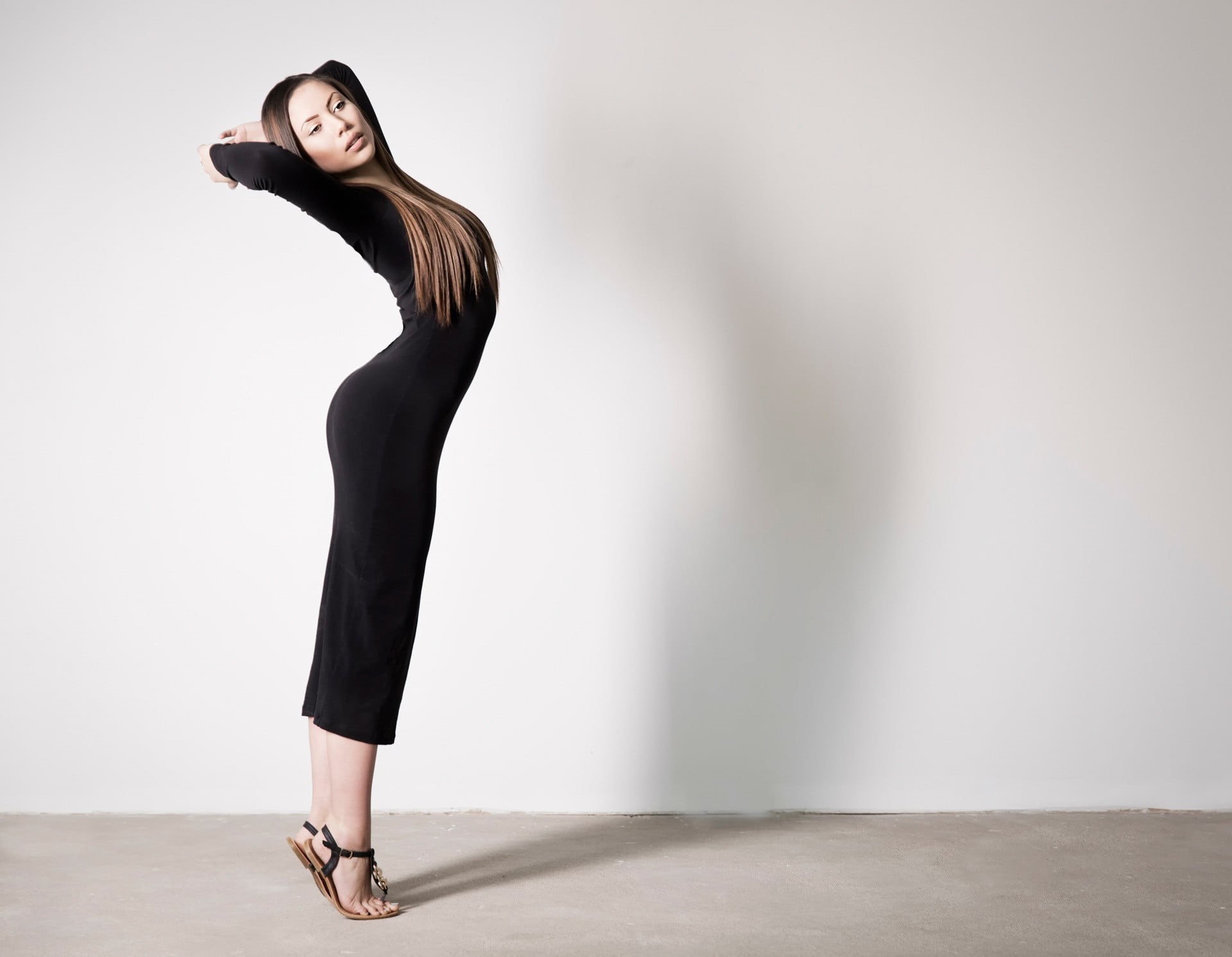 long hair, full length, brown hair, model, women, hairstyle, black color, fashion, beauty, young adult, beautiful woman, arched back, adult, one person, HD Wallpaper