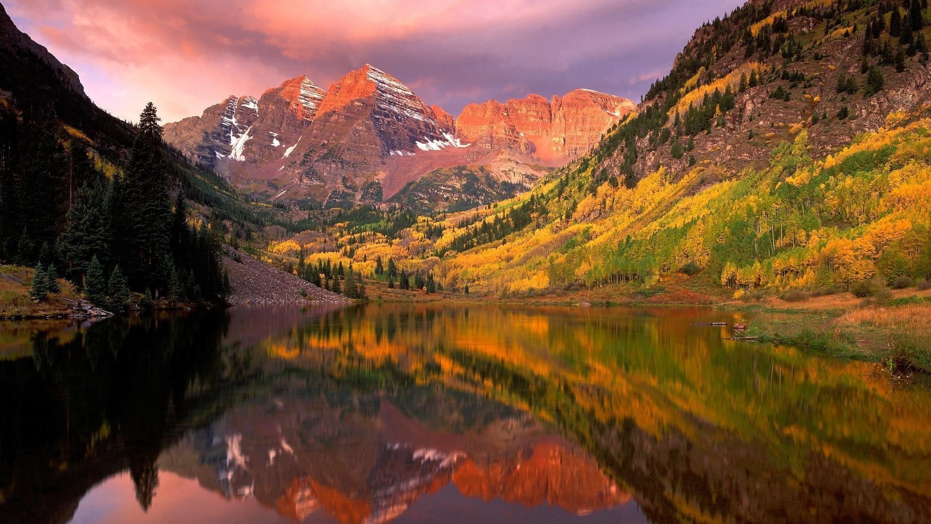 fall, non-urban scene, outdoors, nature, scenics - nature, beauty in nature, mountain, tree, water, reflection, sky, 1080P, lake, mountain range, HD Wallpaper