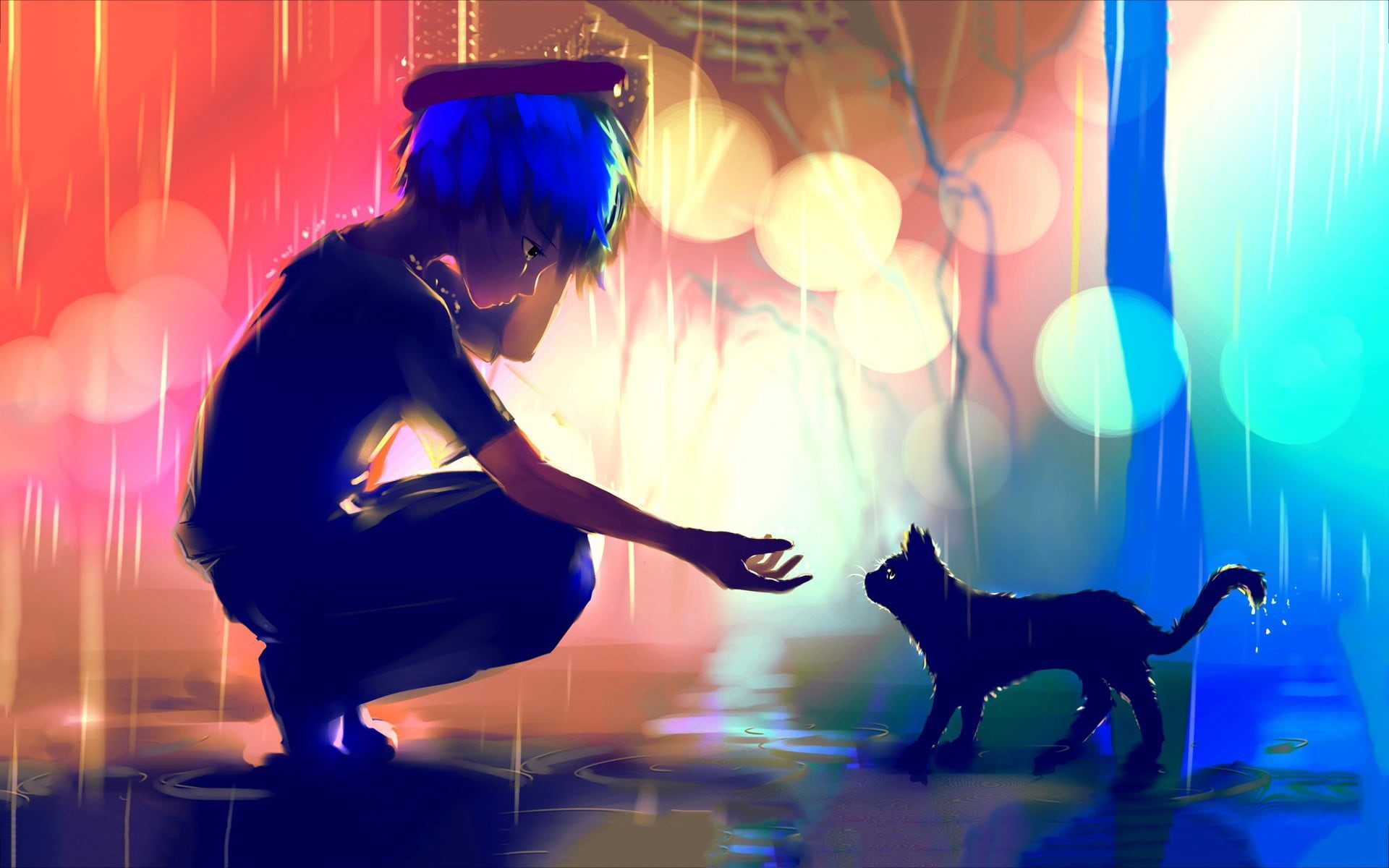 one animal, women, blue hair, pet owner, anime girls, pets, hairstyle, young adult, one person, domestic animals, domestic, rain, real people, lifestyles, HD Wallpaper