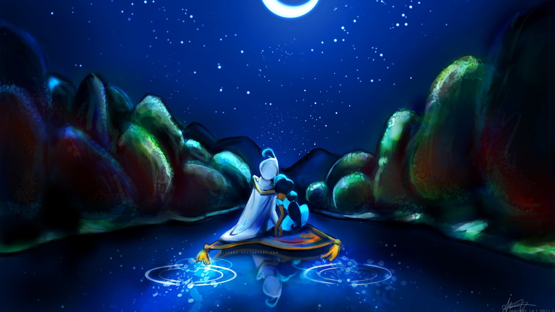 aladdin, hd, disney, embrace, stars, carpet, 1080P, magic, night, drawing, cartoon/comic, HD Wallpaper