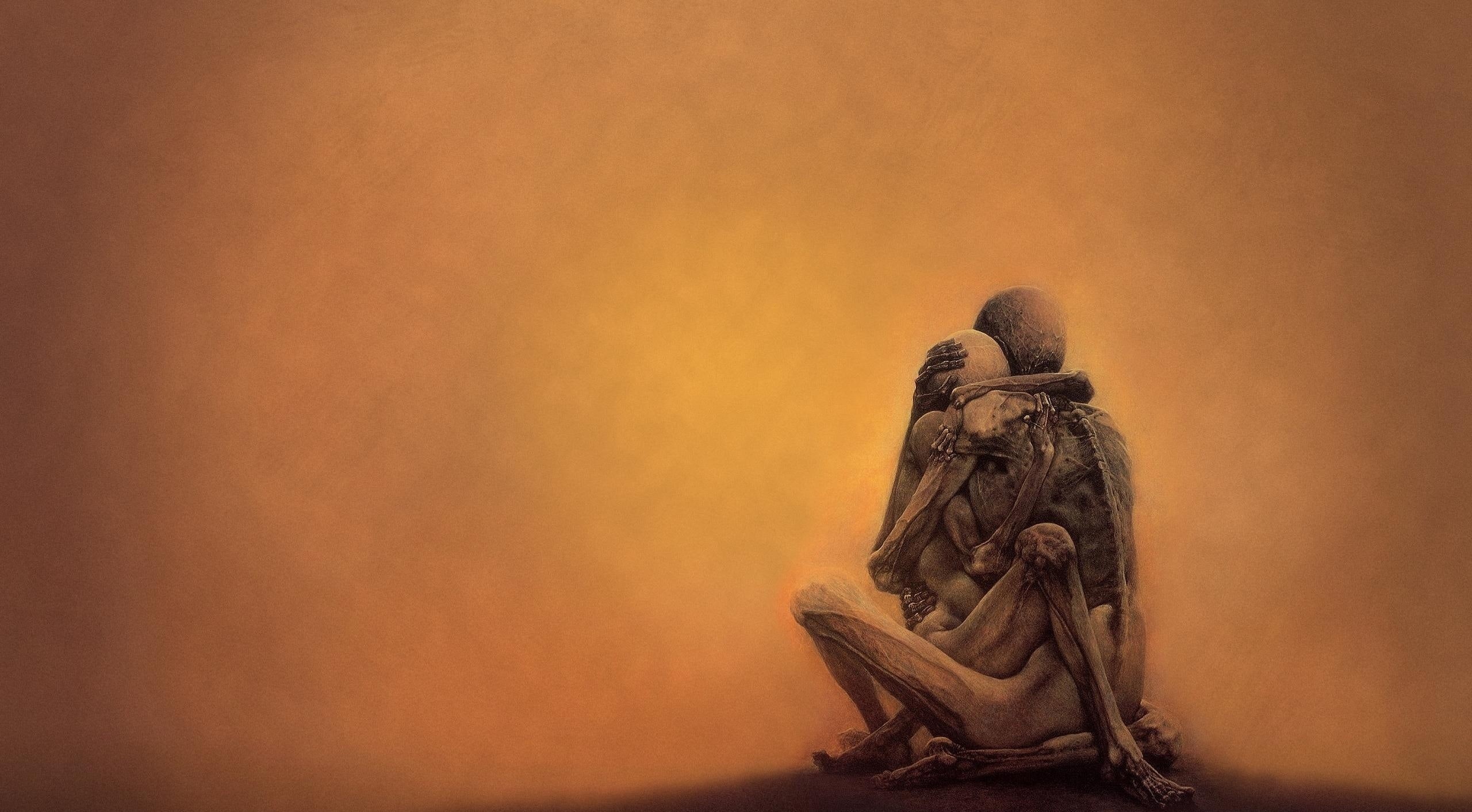 female likeness, illustration, beksinski, outdoors, Drawings, nature, 2K, embrace, place of worship, zdzislaw, male likeness, family, Artistic, religion, HD Wallpaper