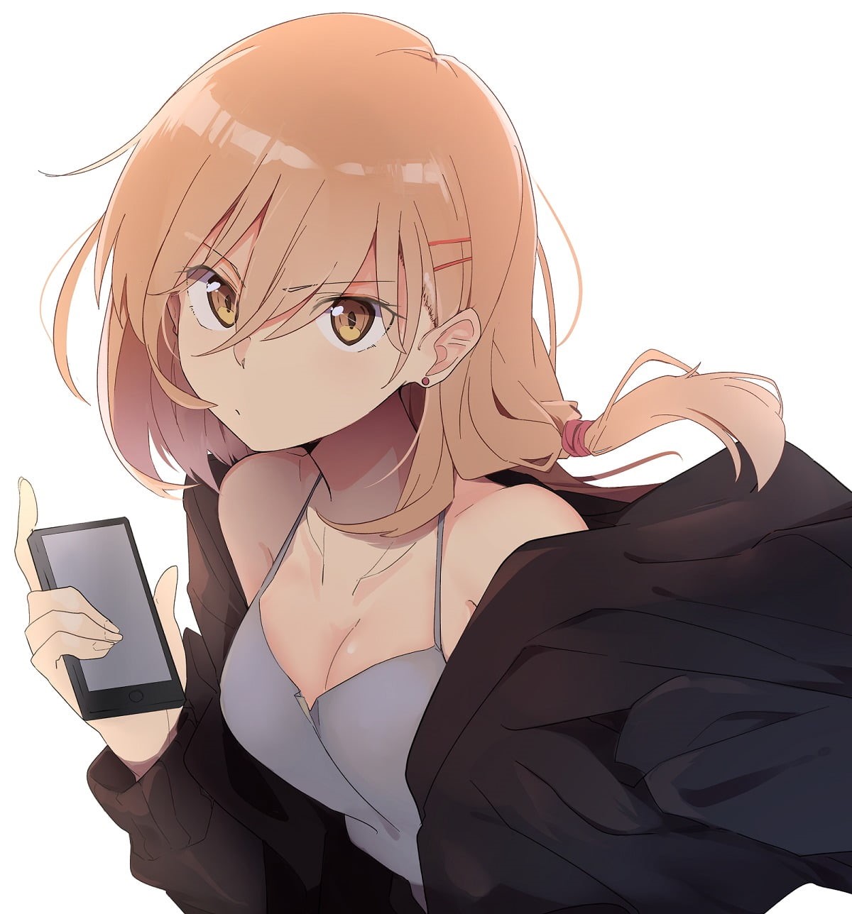 white background, cellphone, adult, communication, tank top, indoors, computer, women, wireless technology, 720P, bare shoulders, holding, looking at viewer, Phone HD Wallpaper