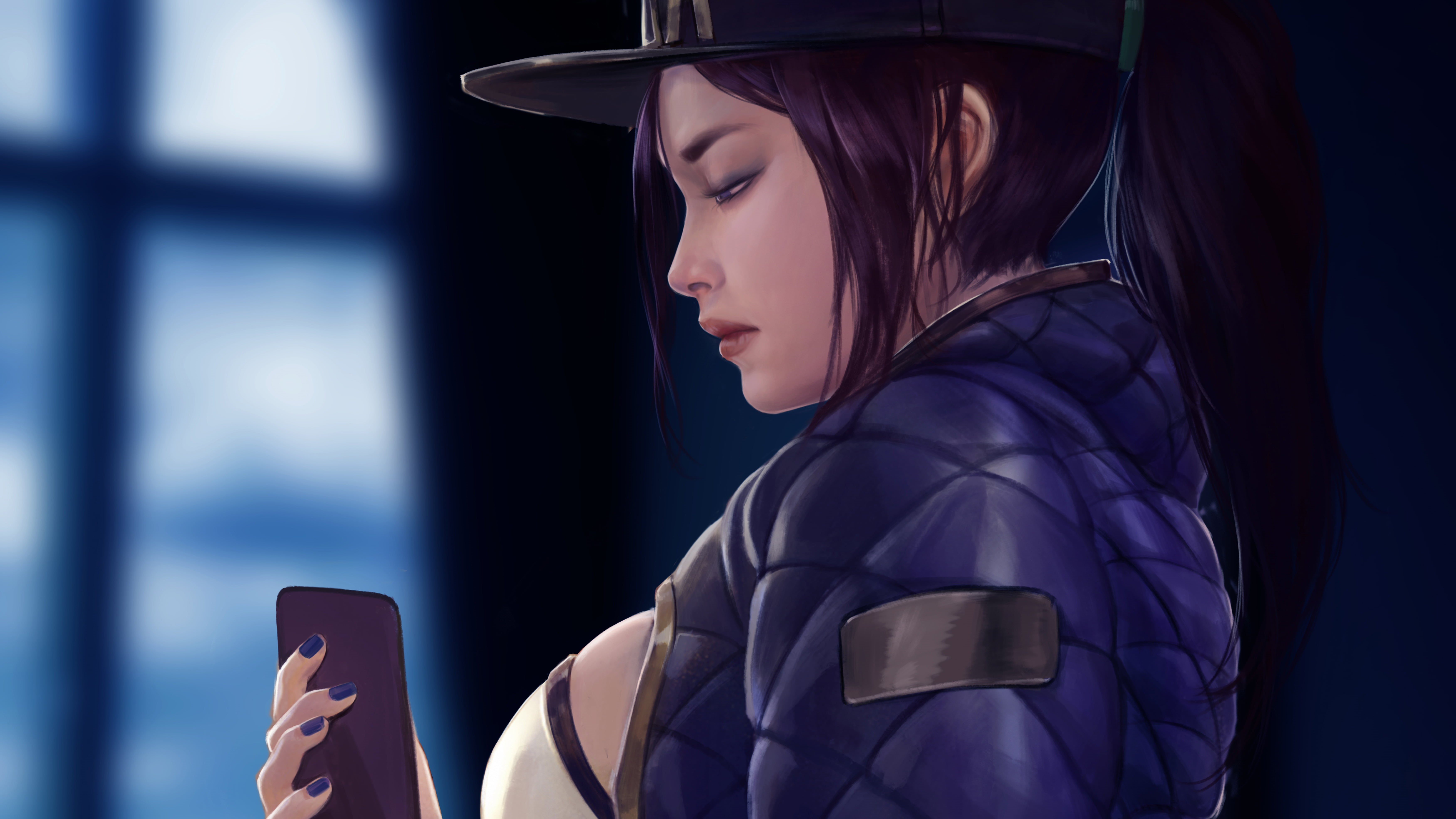 face, portrait, baseball caps, League of Legends, cellphone, drawing, side view, Akali(League of Legends), depth of field, video game characters, digital art, HD Wallpaper