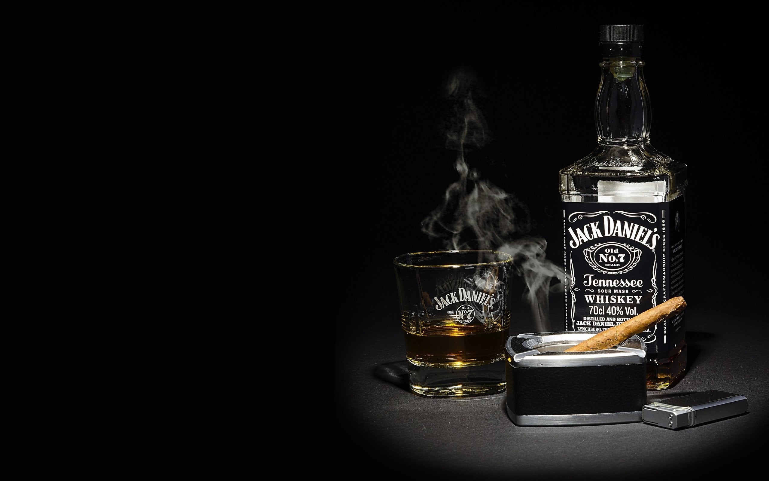 Jack Daniels, 2K, smoke, Bourbon, lighter, whiskey, whisky, cigar, HD Wallpaper