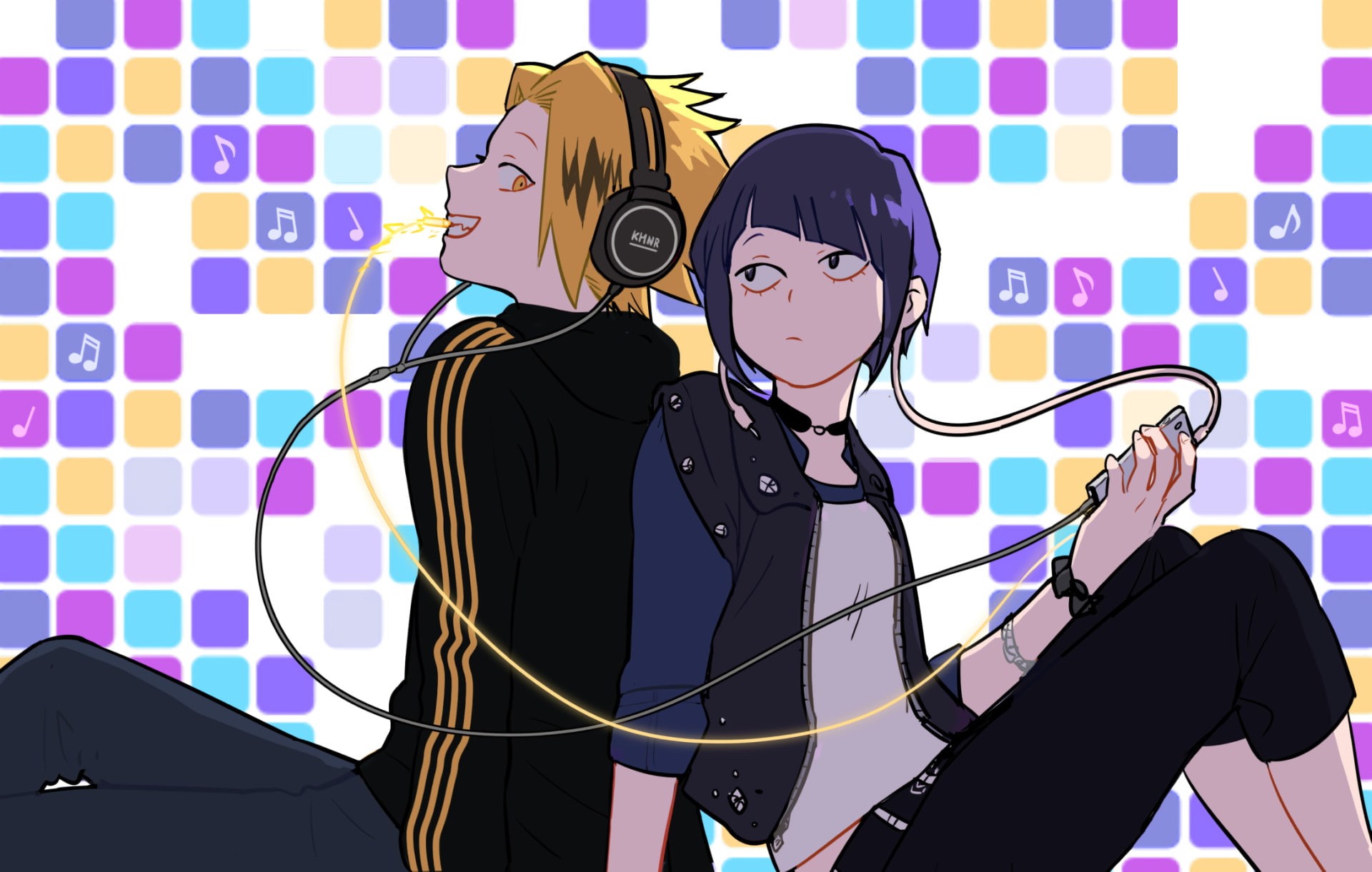 indoors, Anime, women, communication, Kyouka Jirou, wall - building feature, Boku no Hero Academia, Denki Kaminari, people, listening, standing, headphones, HD Wallpaper