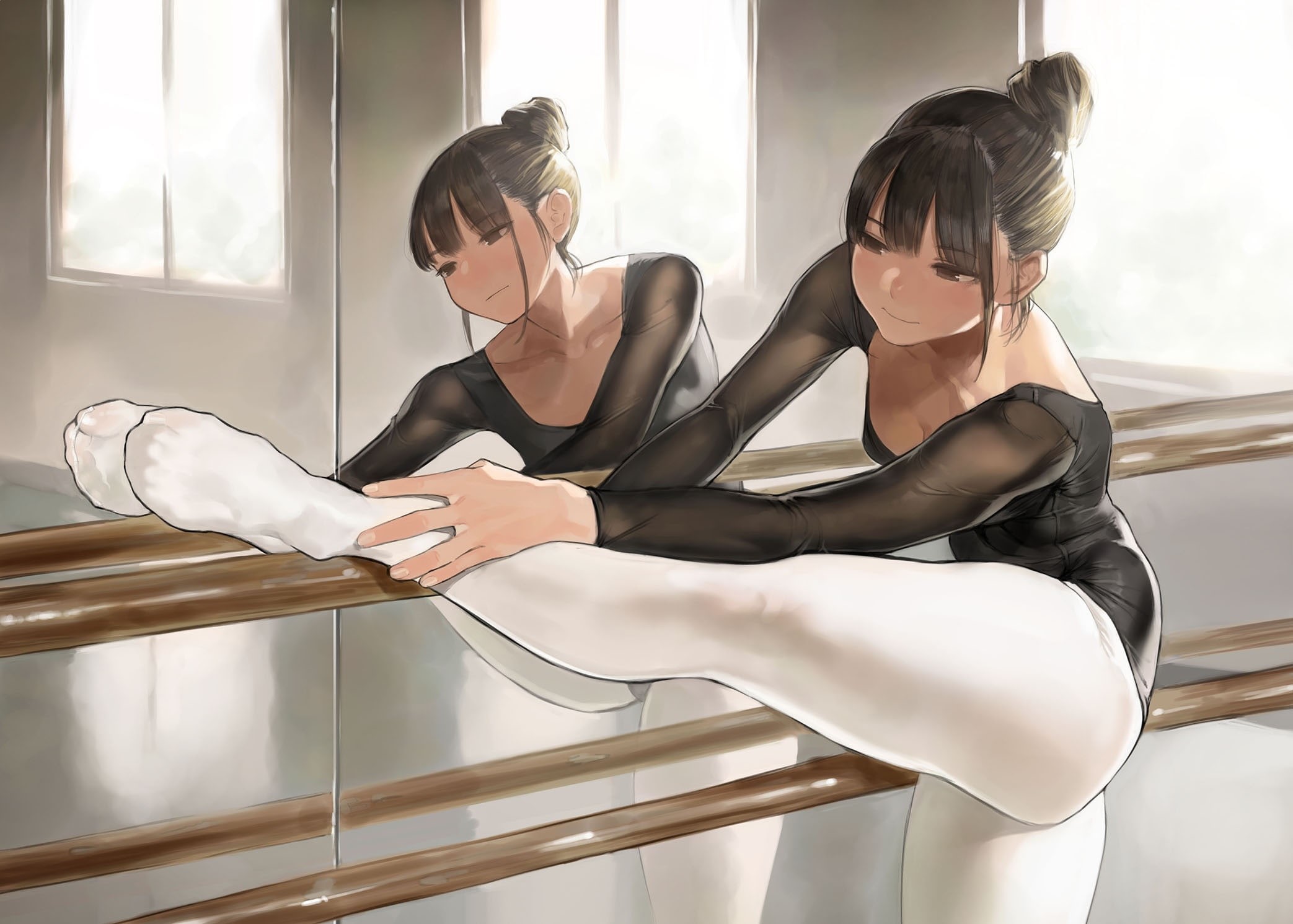 reflection, curvy, 1080P, ballerina, mirror, legs, anime girls, anime, HD Wallpaper