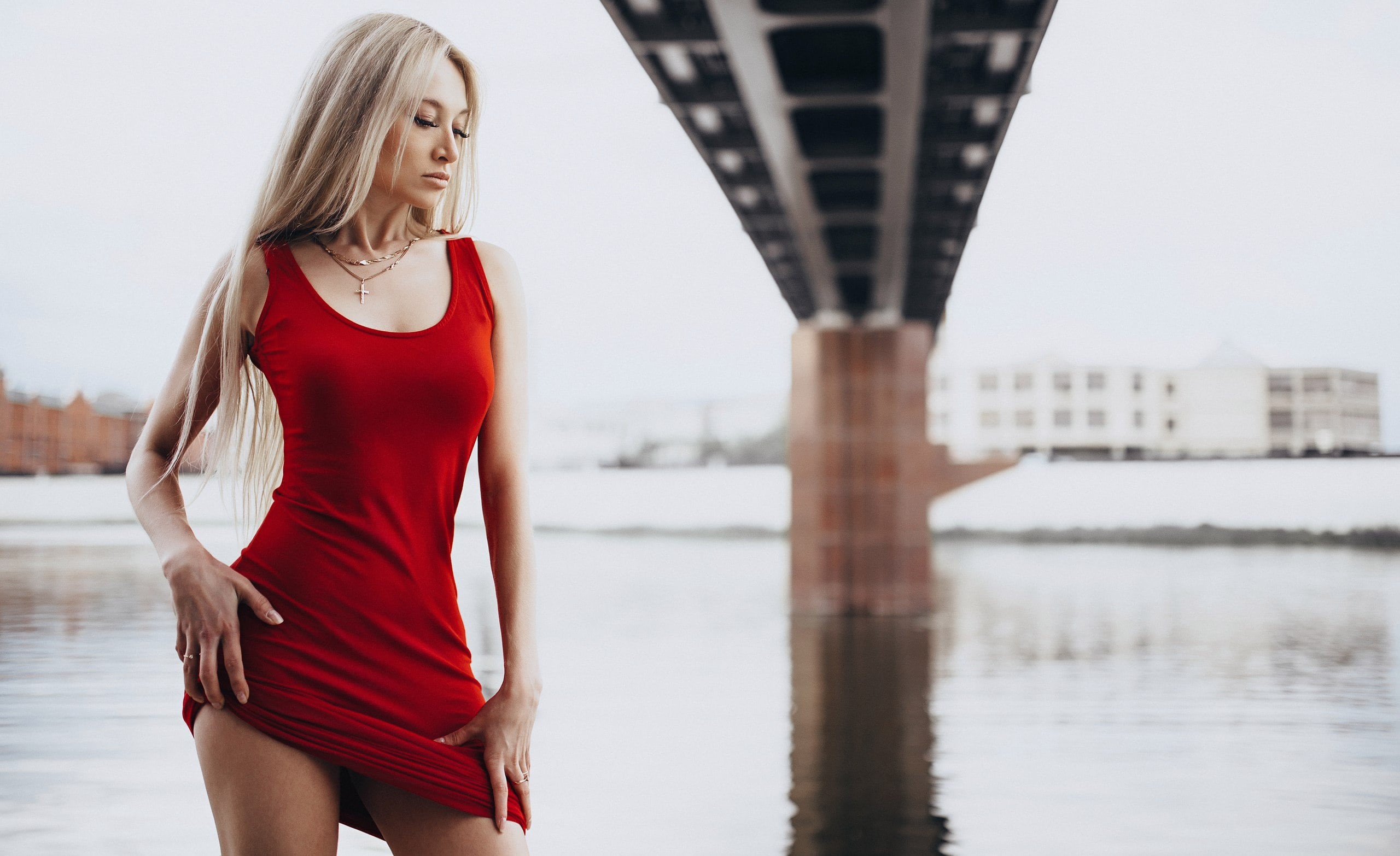 necklace, blonde, portrait, standing, beautiful woman, adult, 2K, dress, hair, bridge, blond hair, lifestyles, red dress, fashion, young adult, river, HD Wallpaper