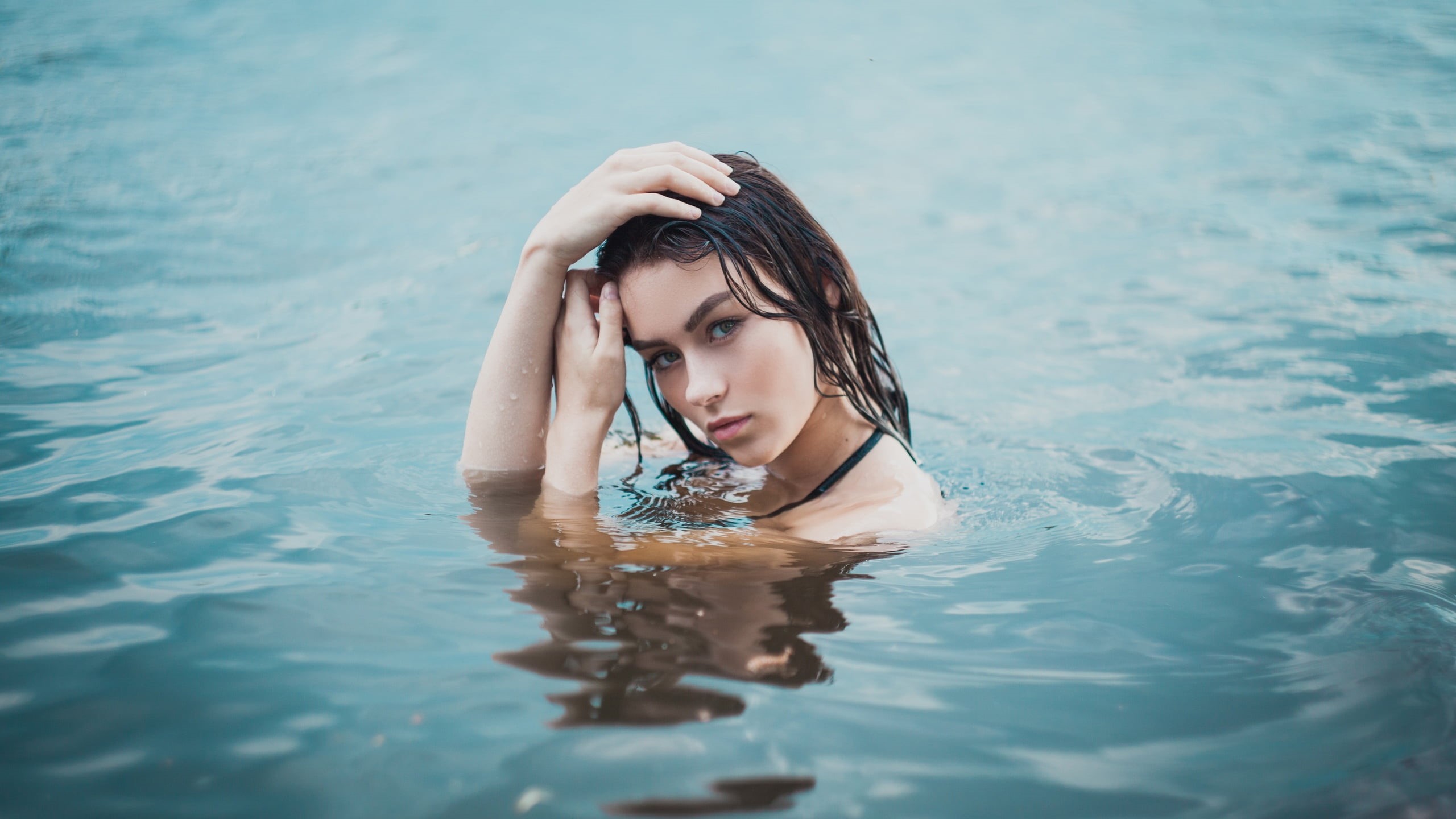 one person, face, young women, in water, outdoors, beautiful woman, young adult, nature, water drops, real people, swimwear, black, waterfront, beauty, HD Wallpaper