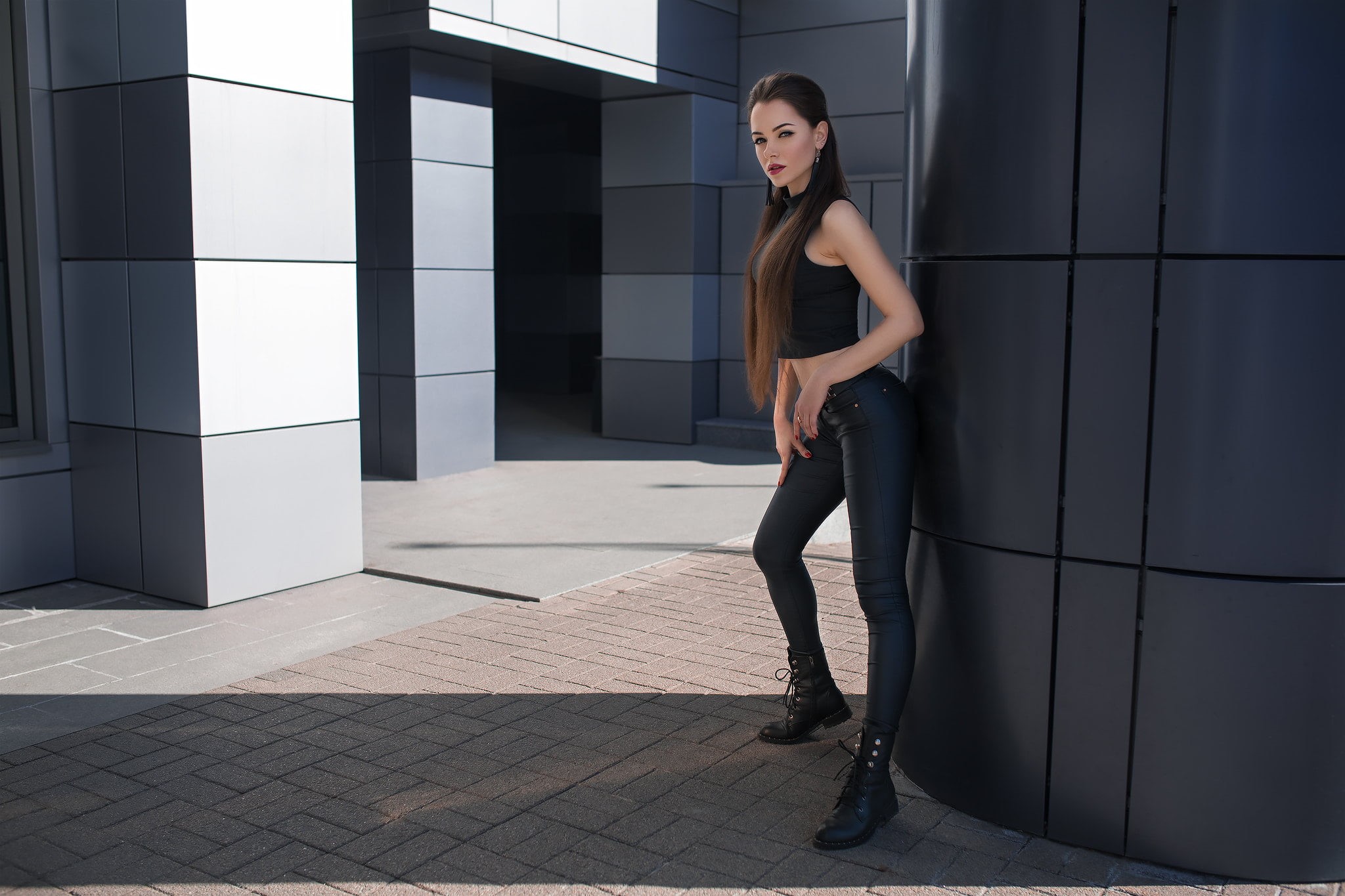 Katya, portrait, long hair, red lipstick, black pants, leisure activity, one person, Dmitry Shulgin, clothing, young adult, fashion, full length, looking at camera, HD Wallpaper