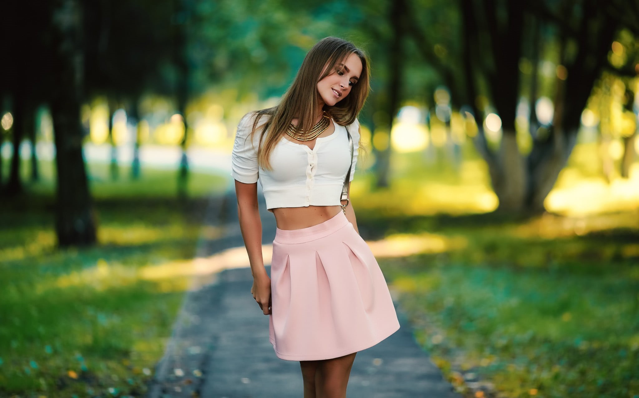 depth of field, skirt, necklace, photographer, mouth, style, elegant, face, long hair, Elena Butusov In, 1080P, Sergey Baryshev, straight hair, photo, HD Wallpaper