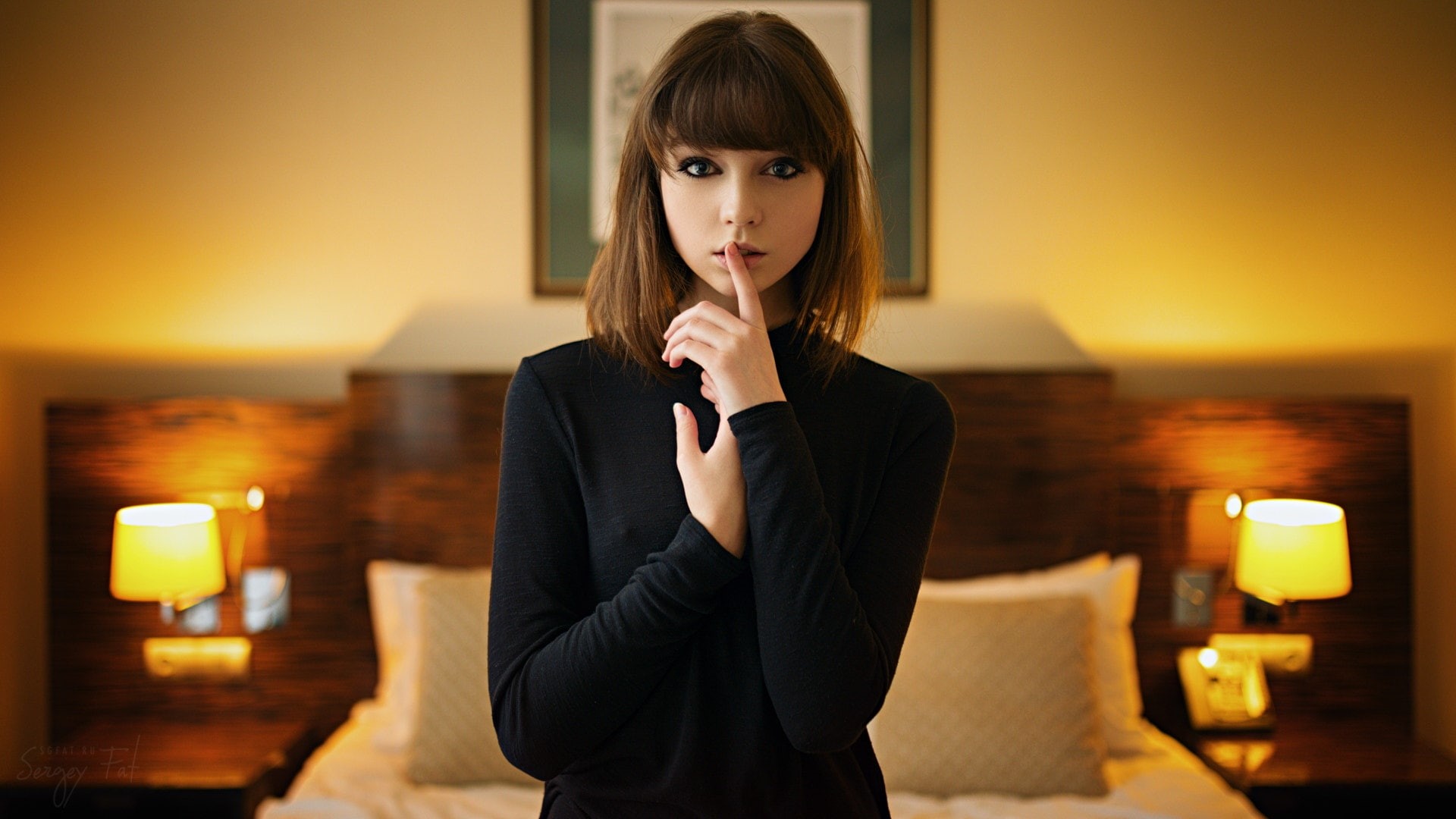 Olya Pushkina, Sergey Fat, 1080P, finger on lips, women, portrait, HD Wallpaper