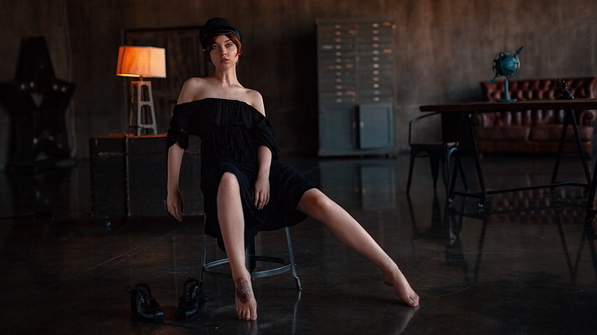 nightlife, bare shoulders, 1080P, chair, shoe, portrait, hairstyle, contemplation, model, black dress, sitting, Olya Pushkina, beautiful woman, beauty, HD Wallpaper