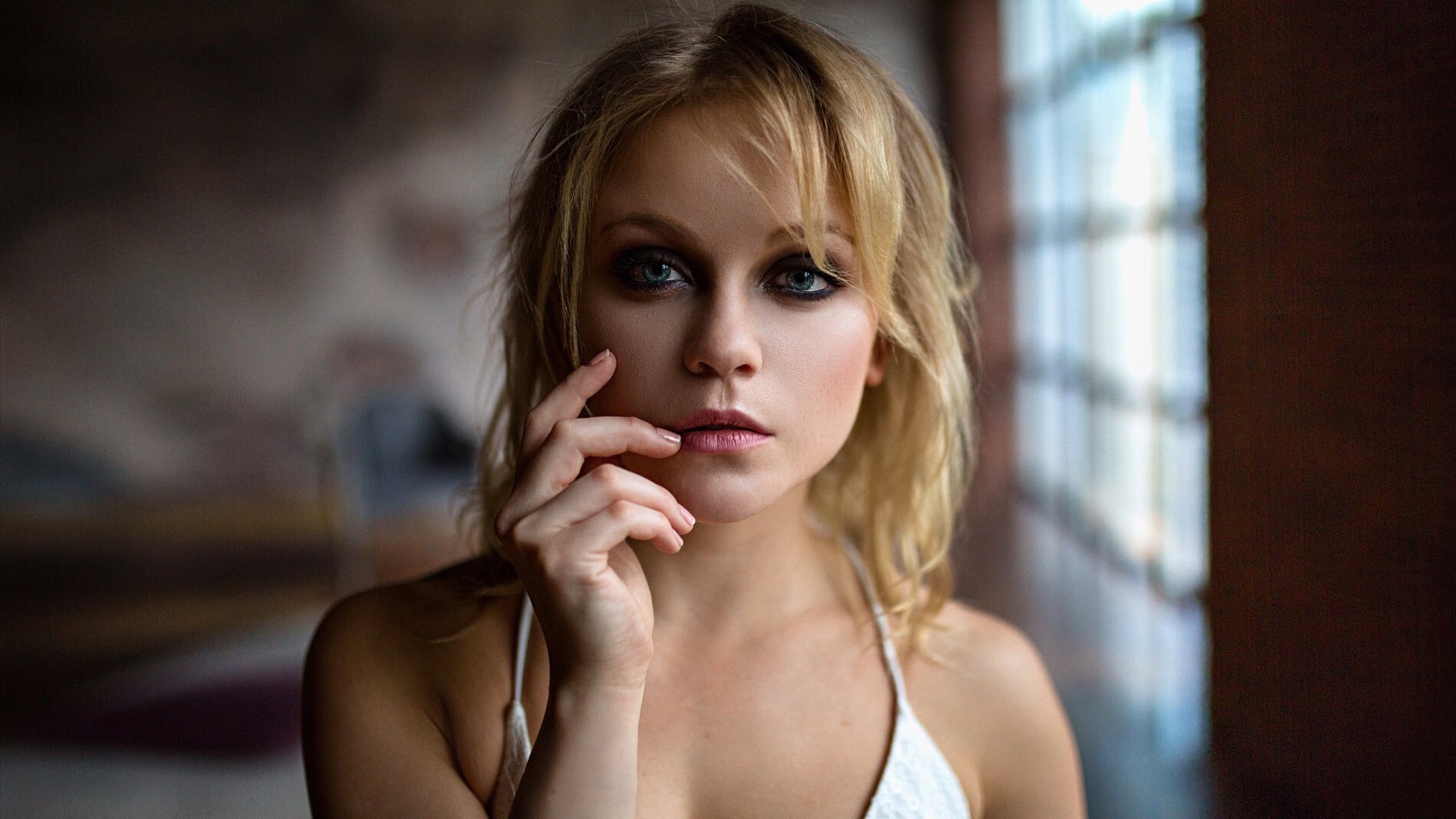 indoors, portrait, beautiful woman, headshot, adult, beautiful people, looking at camera, hair, one person, depression - sadness, blue eyes, pink lipstick, HD Wallpaper