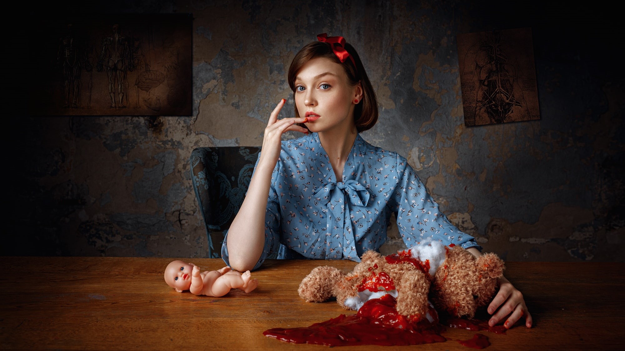 looking away, Olya Pushkina, domestic room, young women, young adult, teddy bears, indoors, women, front view, adult, model, sitting, snack, beauty, Georgy Chernyadyev, HD Wallpaper