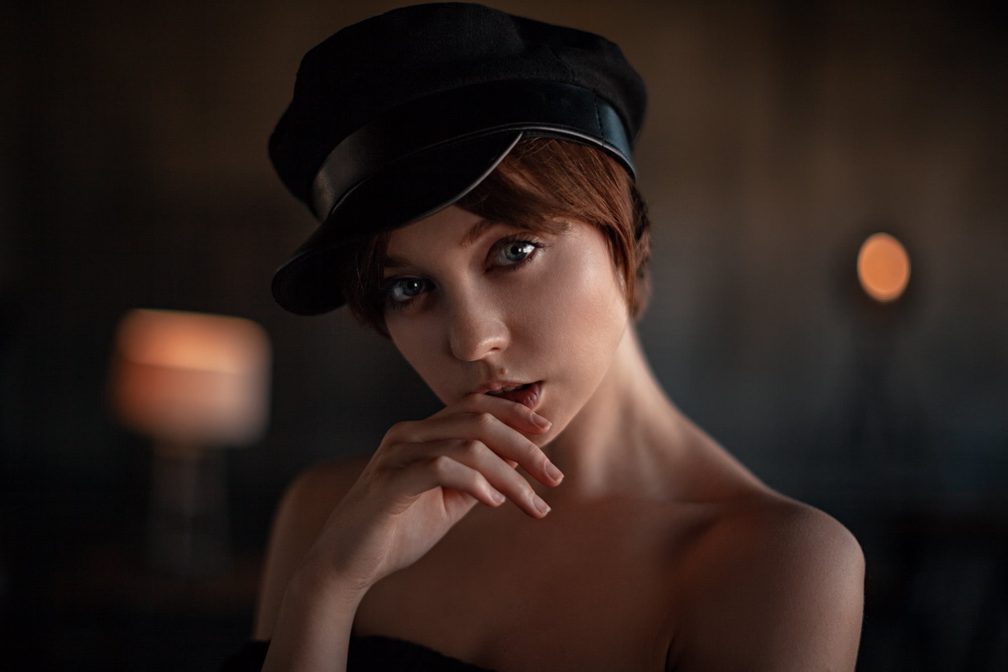 beauty, clothing, women indoors, depth of field, one person, women, beautiful woman, contemplation, berets, focus on foreground, headshot, short hair, bare shoulders, HD Wallpaper