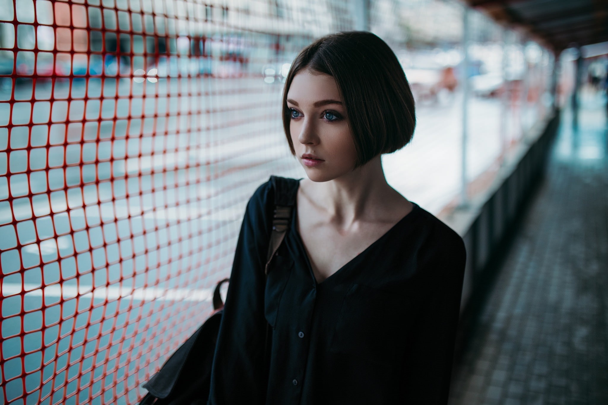brunette, women outdoors, blue eyes, face, model, short hair, Olya Pushkina, urban, 1080P, portrait, looking away, women, Ivan Proskurin, HD Wallpaper