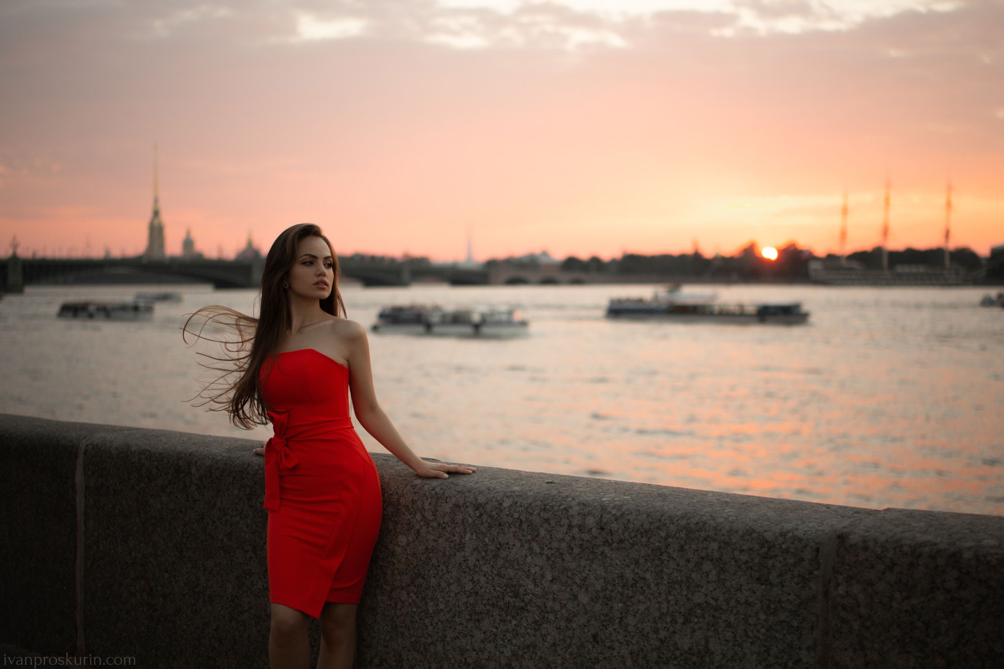 tight clothing, beauty, smiling, depth of field, red dress, portrait, water, brunette, fashion, hair, hairstyle, Ivan Proskurin, women outdoors, outdoors, HD Wallpaper