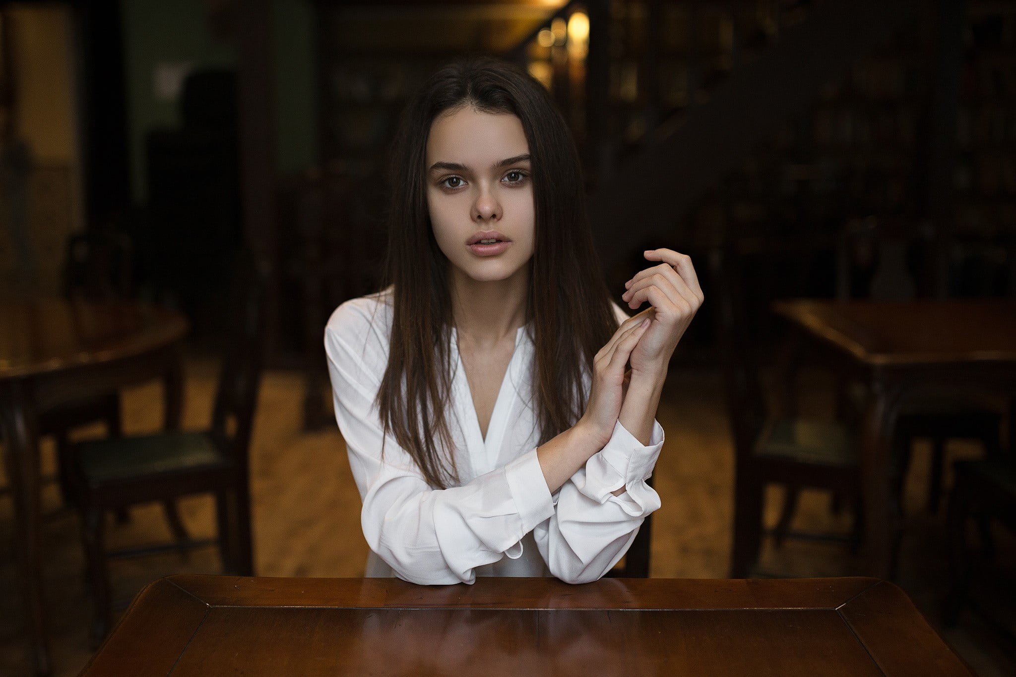 waist up, shirt, looking at camera, young women, face, 1080P, hairstyle, beauty, indoors, Ivan Proskurin, table, beautiful woman, young adult, hair, one person, HD Wallpaper