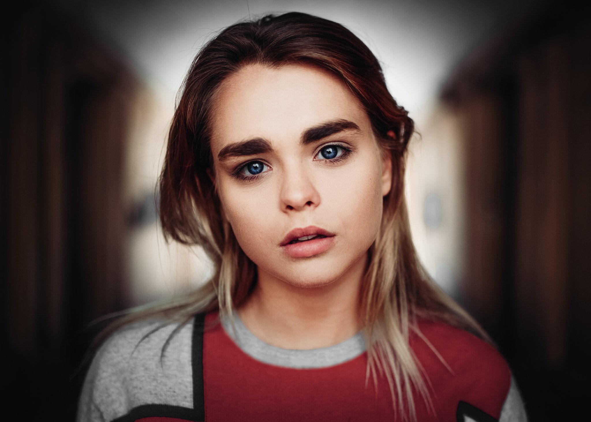 indoors, casual clothing, blue eyes, close-up, one person, teenager, front view, brown hair, long hair, headshot, portrait, serious, focus on foreground, HD Wallpaper