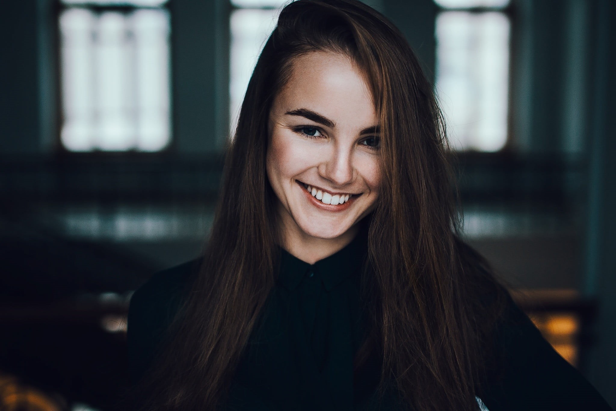 straight hair, young adult, emotion, beauty, Julia Tavrina, model, face, hairstyle, happiness, smiling, indoors, young women, focus on foreground, hair, HD Wallpaper