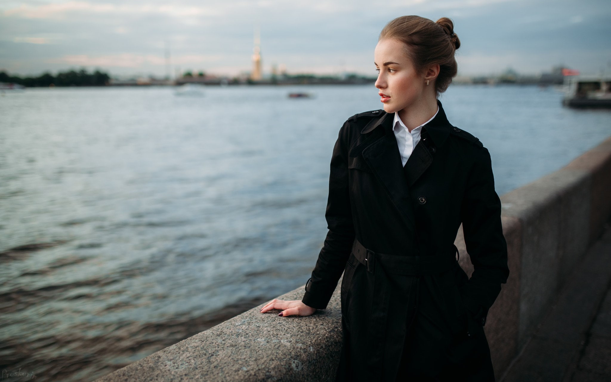 women outdoors, black coat, hands in pockets, Julia Tavrina, model, white shirt, 1080P, women, Ivan Proskurin, glamour, looking away, HD Wallpaper